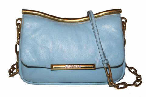 Authentic Miu Miu Blue Lambskin Leather Frame Crossbody Bag