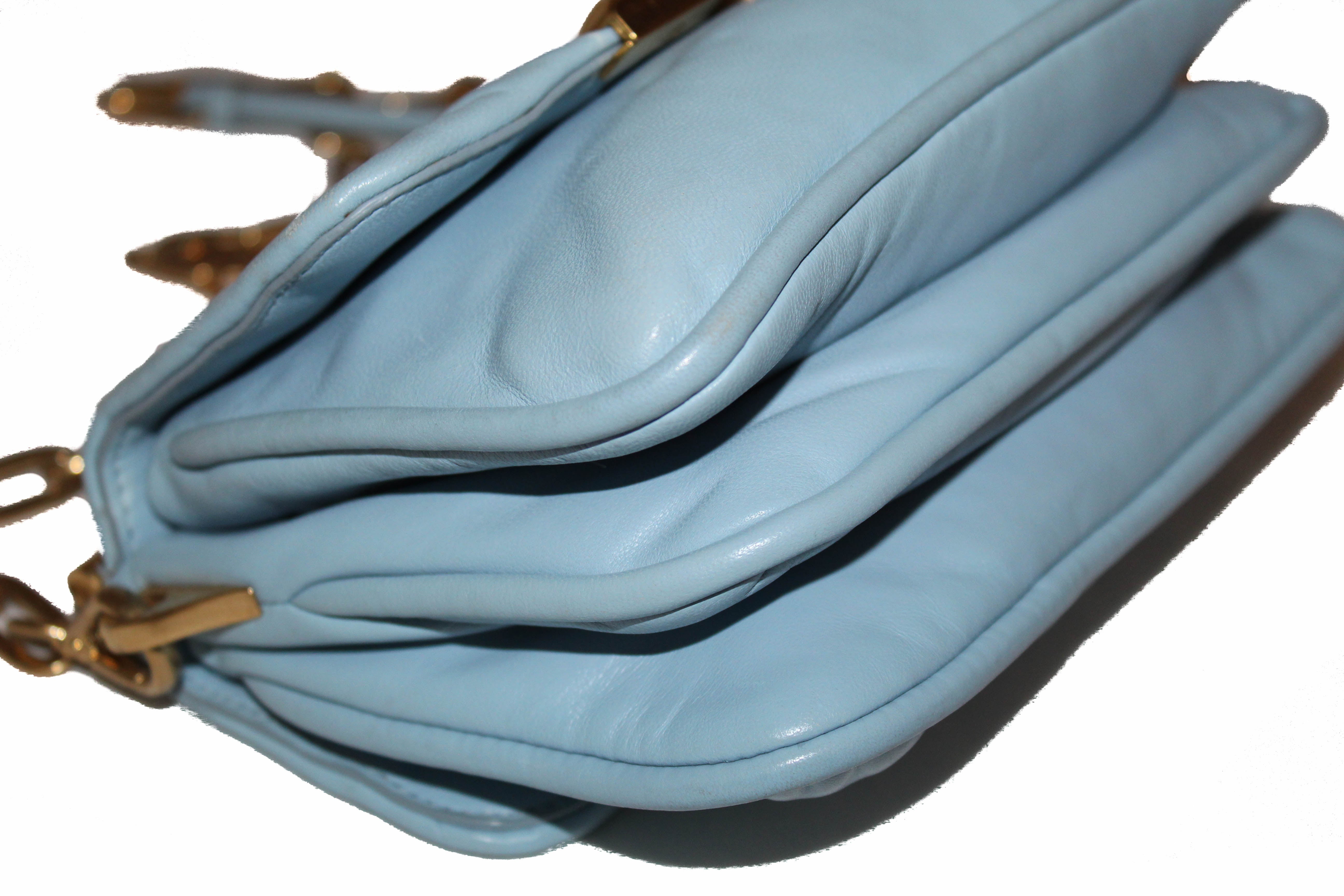 Authentic Miu Miu Blue Lambskin Leather Frame Crossbody Bag