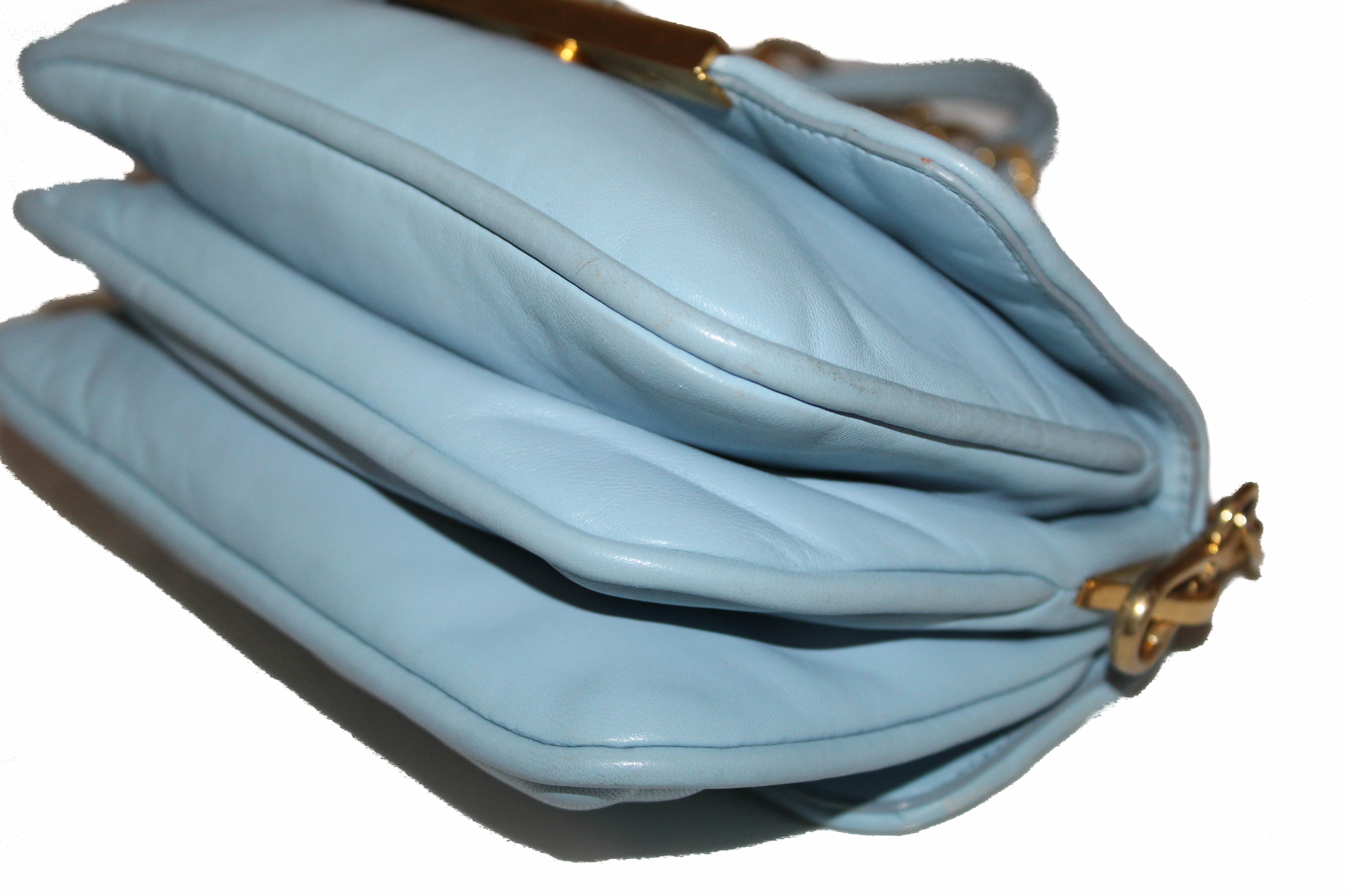 Authentic Miu Miu Blue Lambskin Leather Frame Crossbody Bag