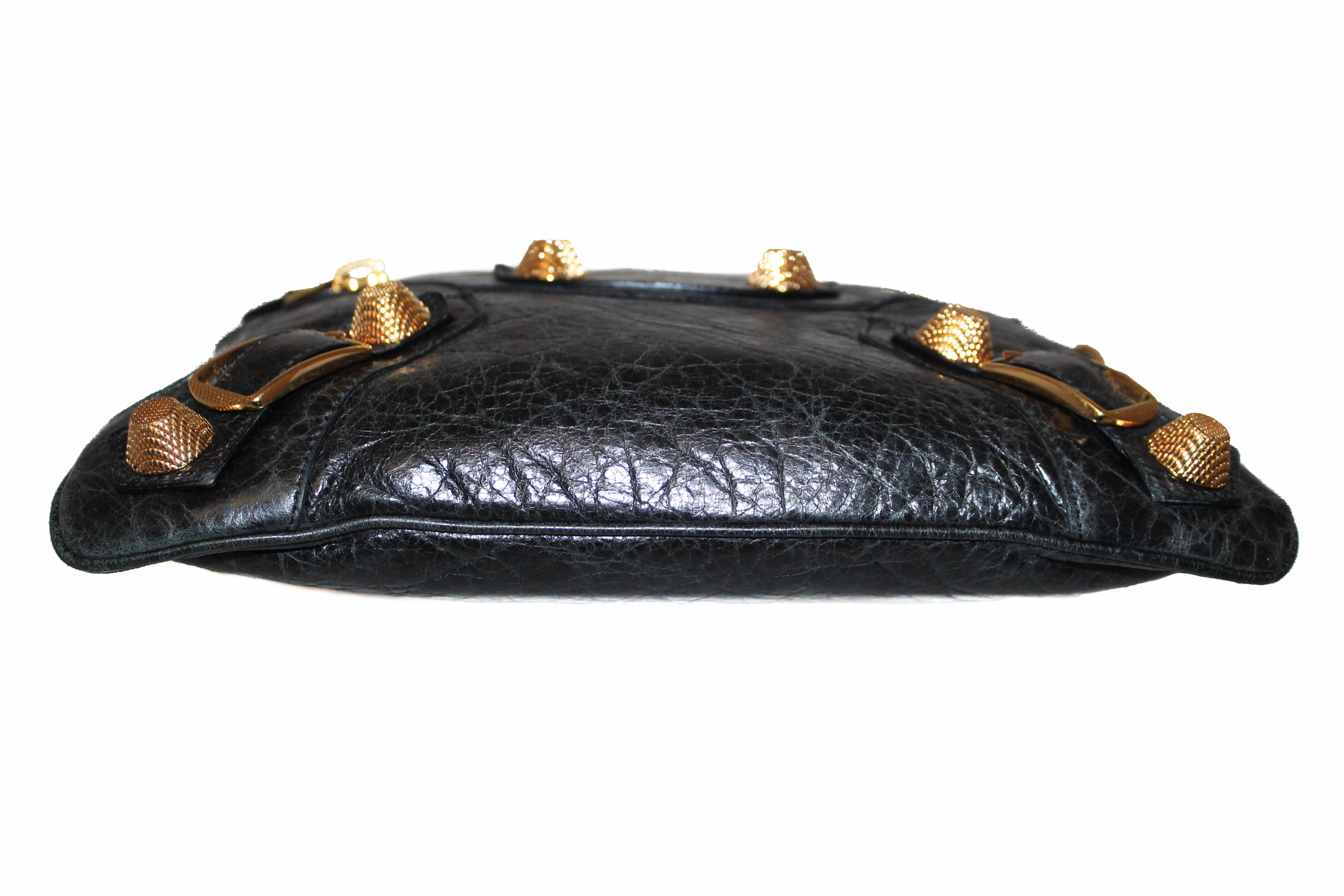 Authentic Balenciaga Black Giant 21 Gold Lambskin Leather Clutch