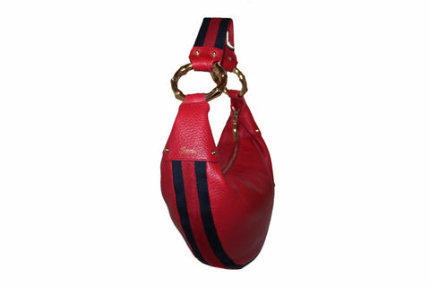 Authentic Gucci Red Pebbled Leather Bamboo Ring Hobo Bag