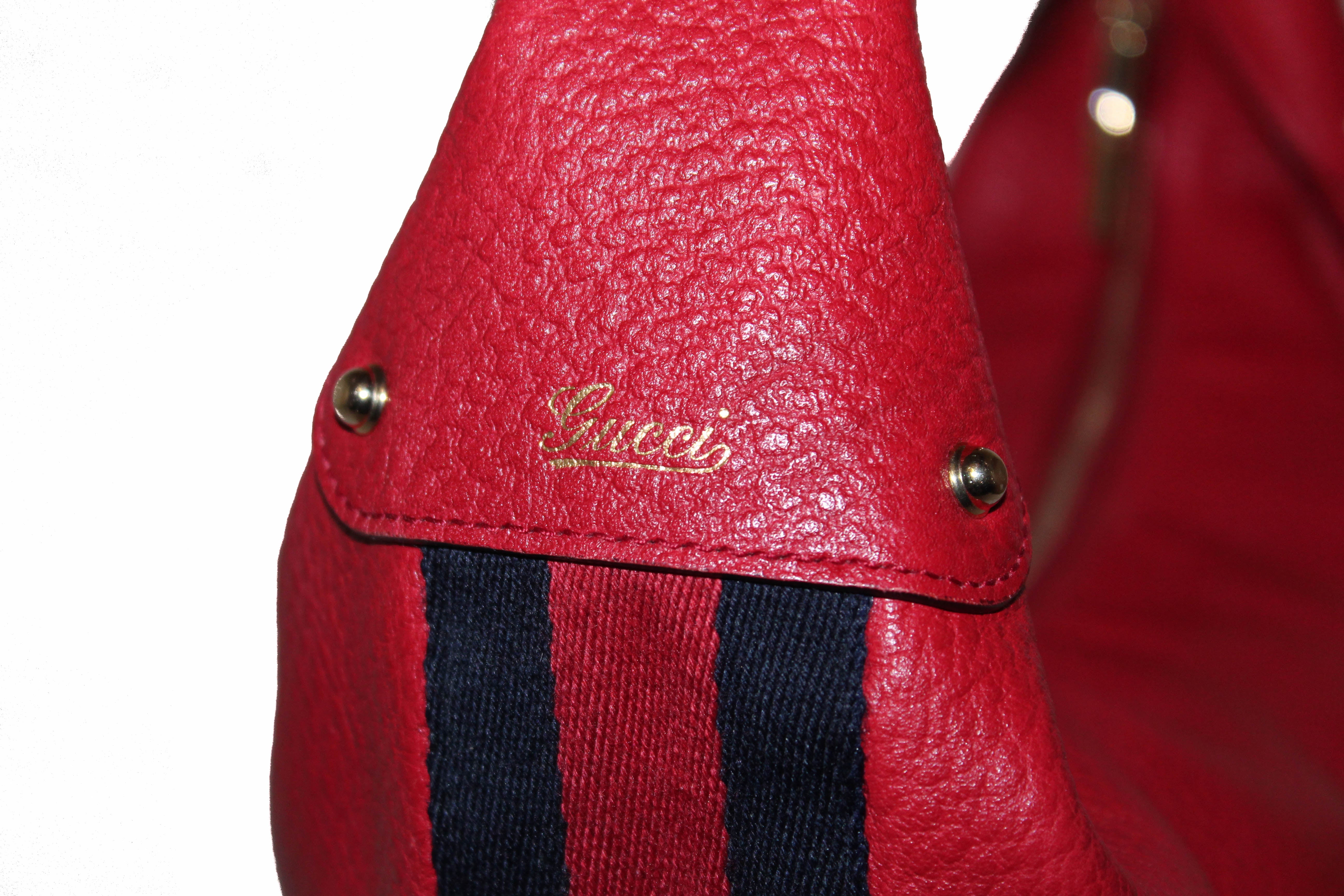 Authentic Gucci Red Pebbled Leather Bamboo Ring Hobo Bag