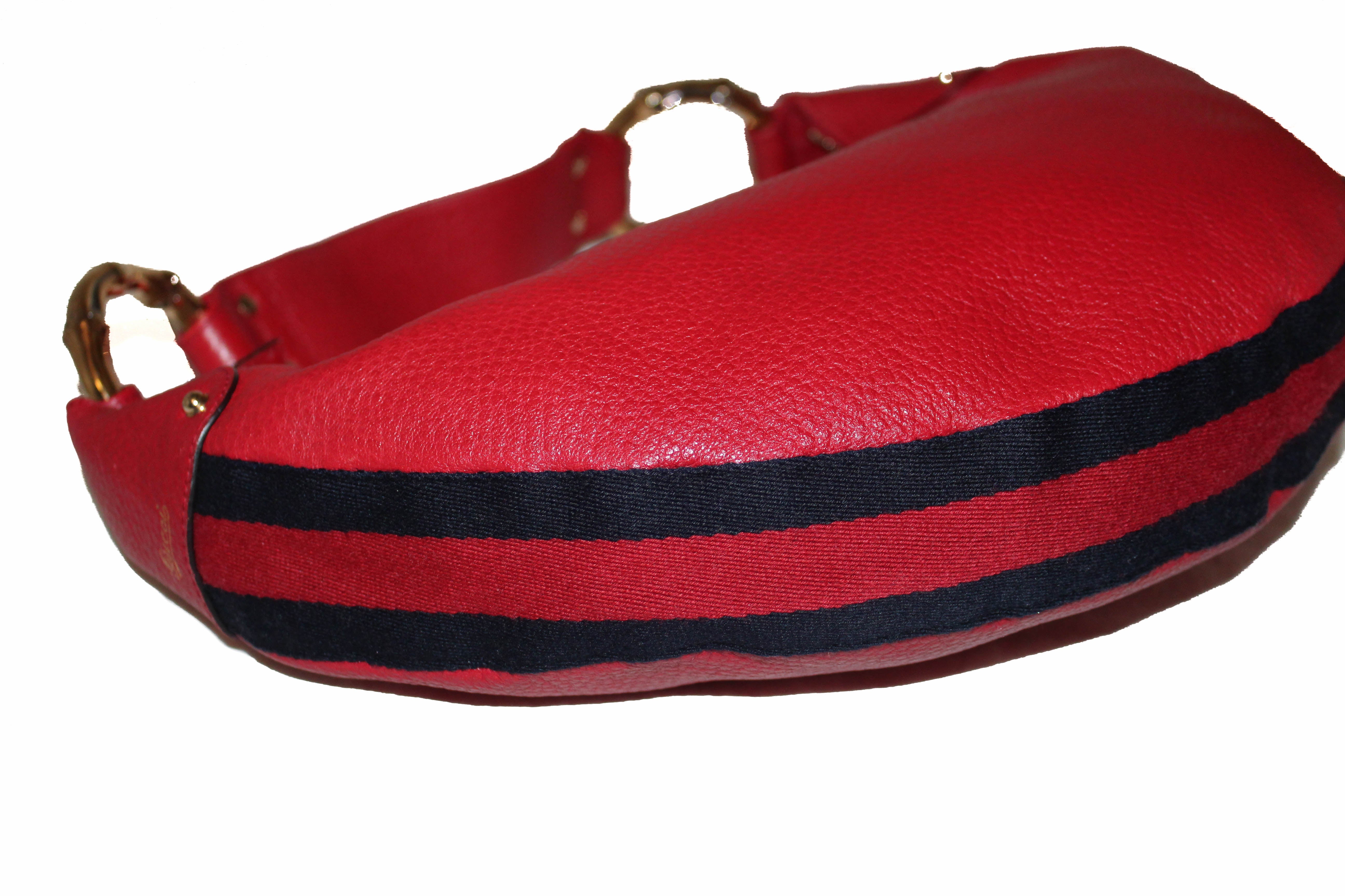 Authentic Gucci Red Pebbled Leather Bamboo Ring Hobo Bag