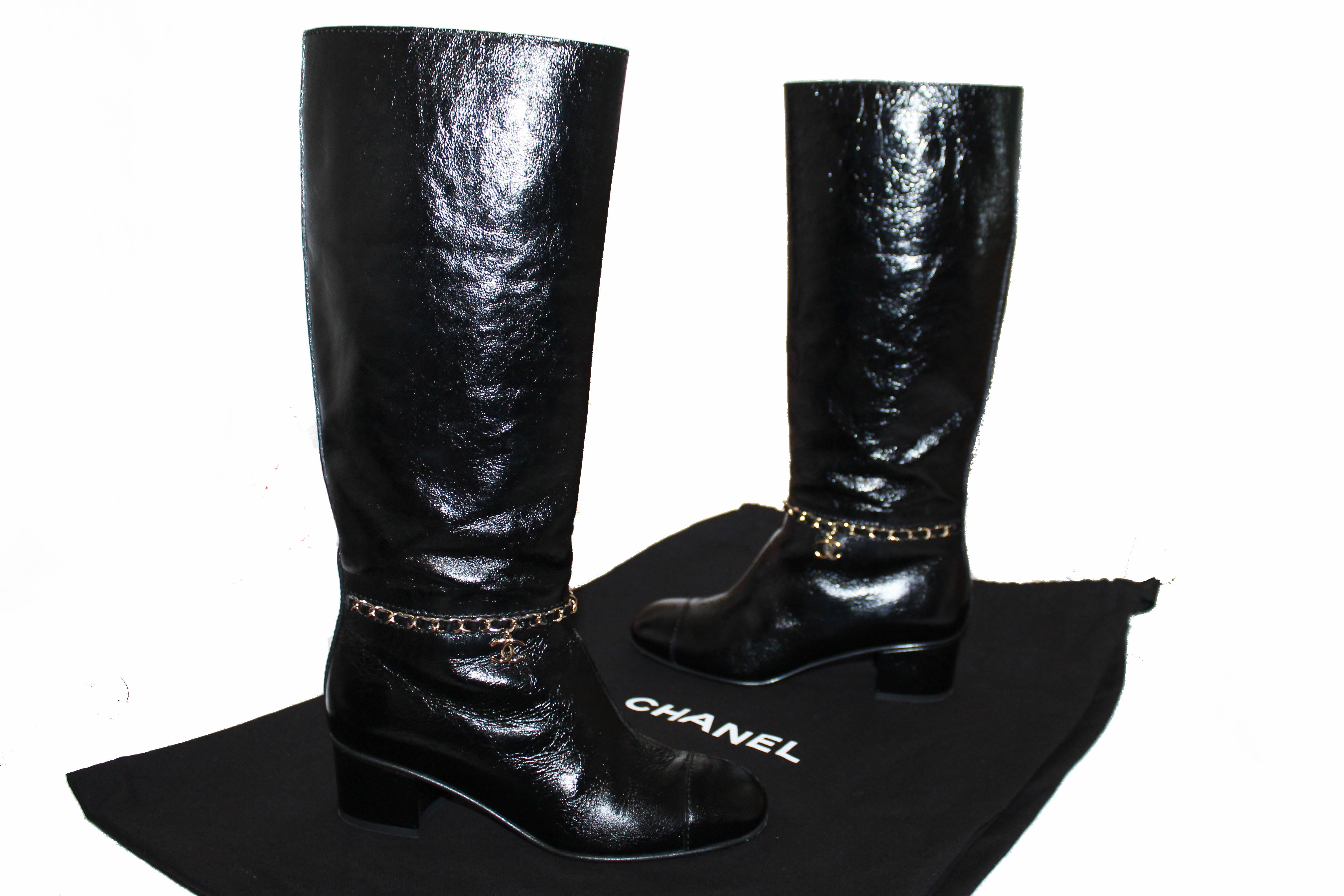 Authentic Chanel Black Patent Leather CC Logo Chain High Boots Size 36 –  Paris Station Shop