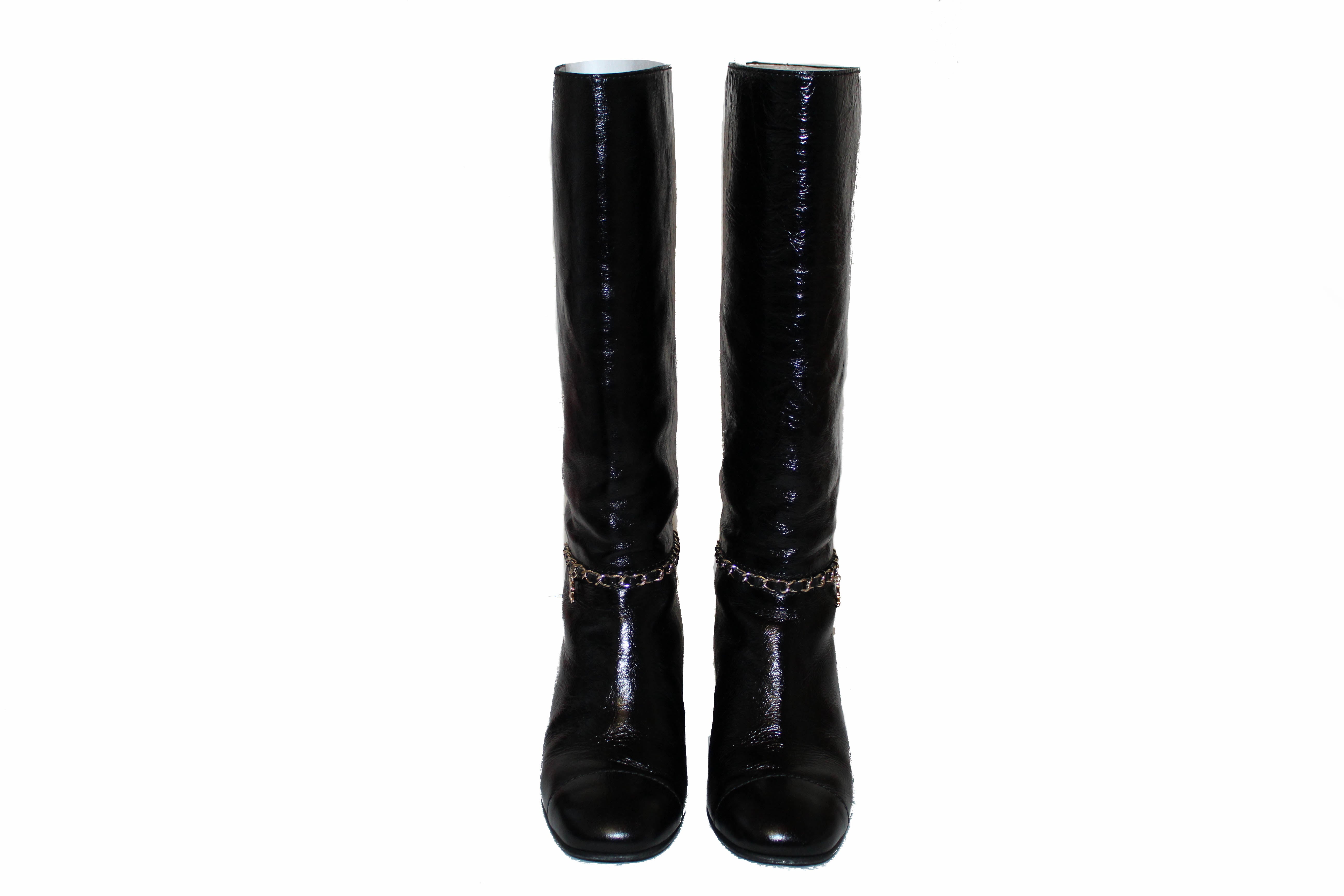 Authentic Chanel Black Patent Leather CC Logo Chain High Boots Size 36C