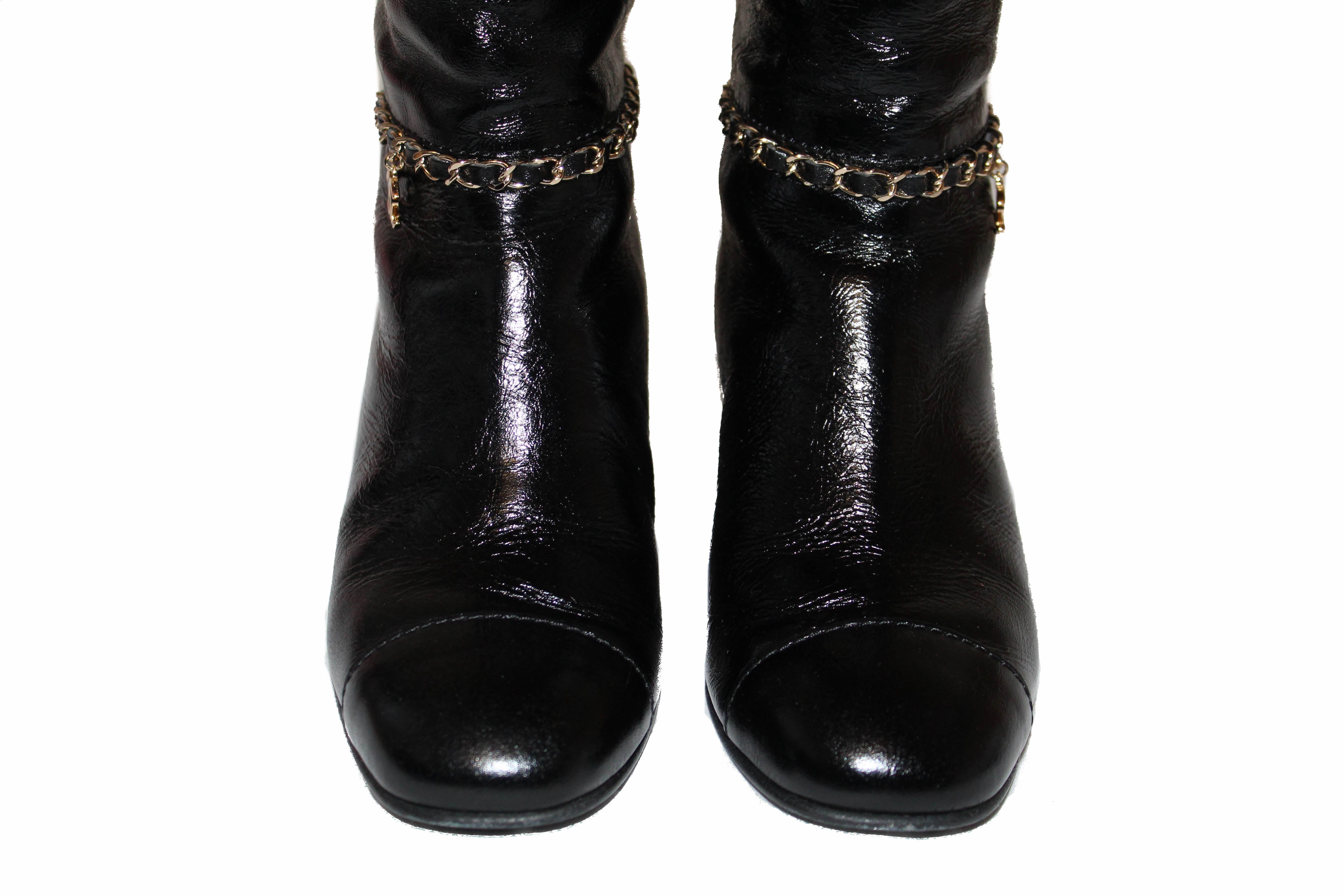 Authentic Chanel Black Patent Leather CC Logo Chain High Boots Size 36c