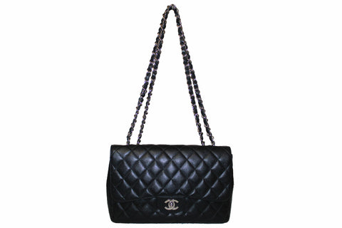 Authentic Chanel Black Quilted Caviar Leather Jumbo Single Flap Bag