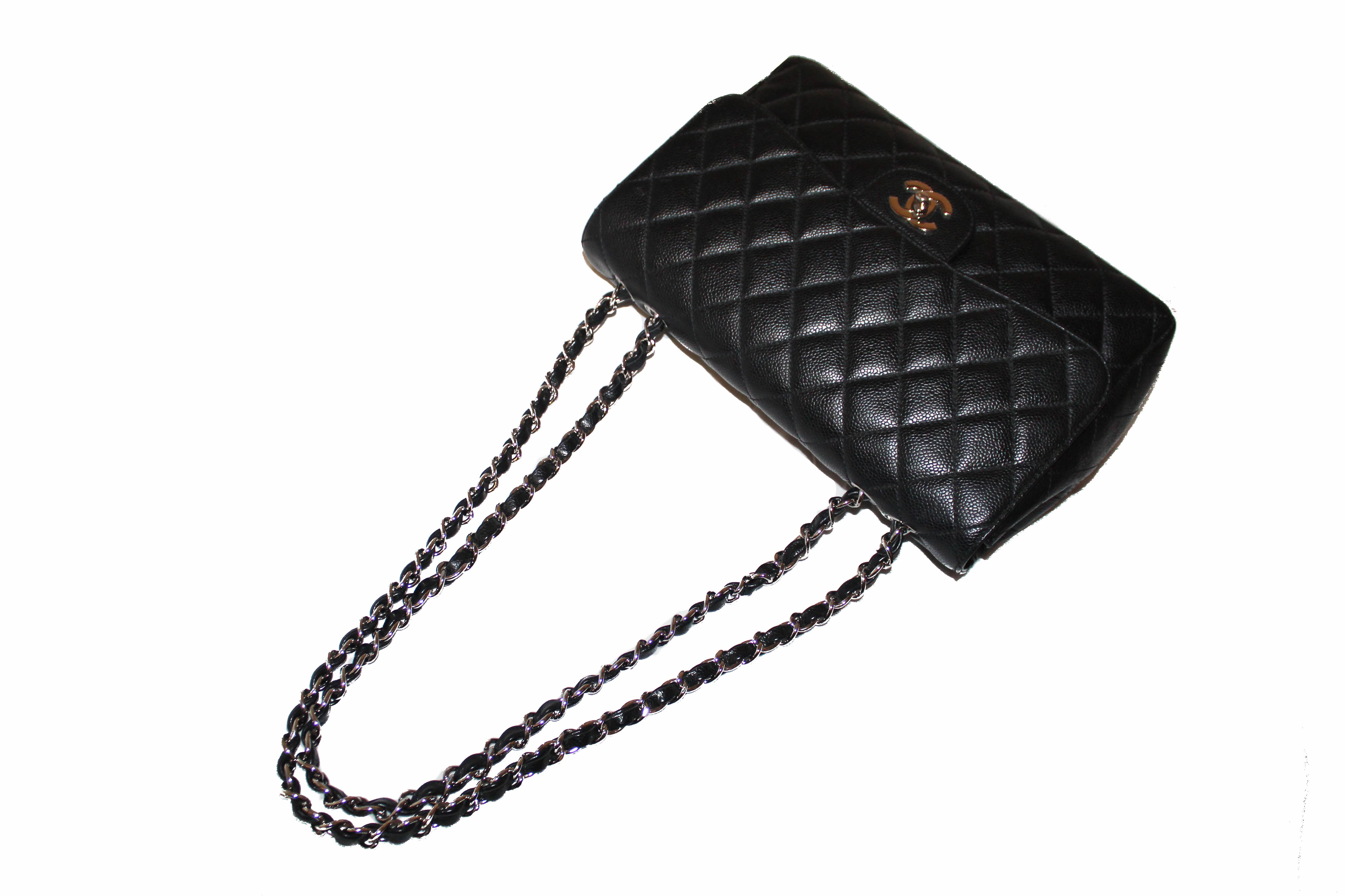 Authentic Chanel Black Quilted Caviar Leather Jumbo Single Flap Bag