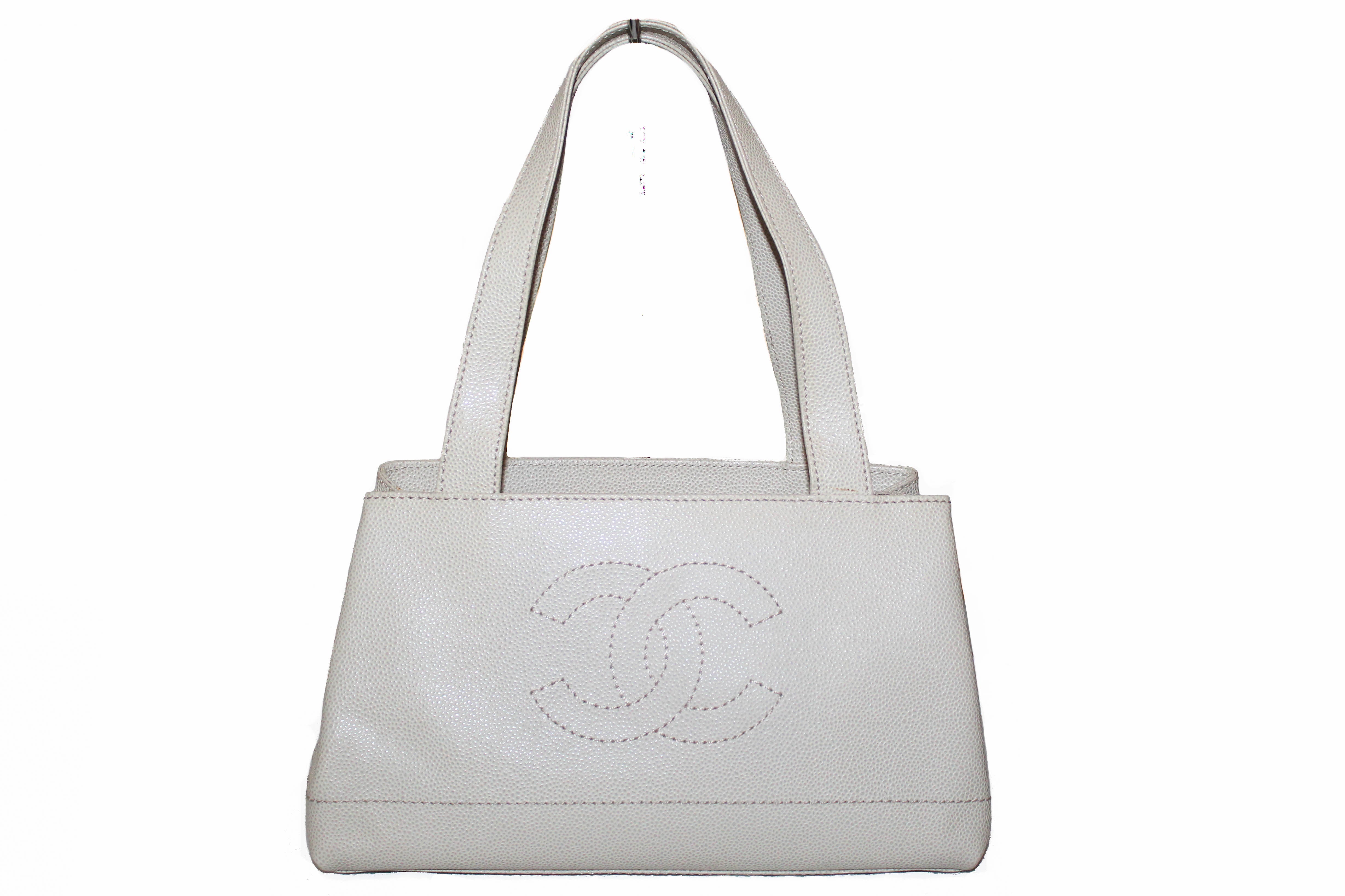 Authentic Chanel Vintage Ivory Caviar Leather Small Tote Shoulder Bag