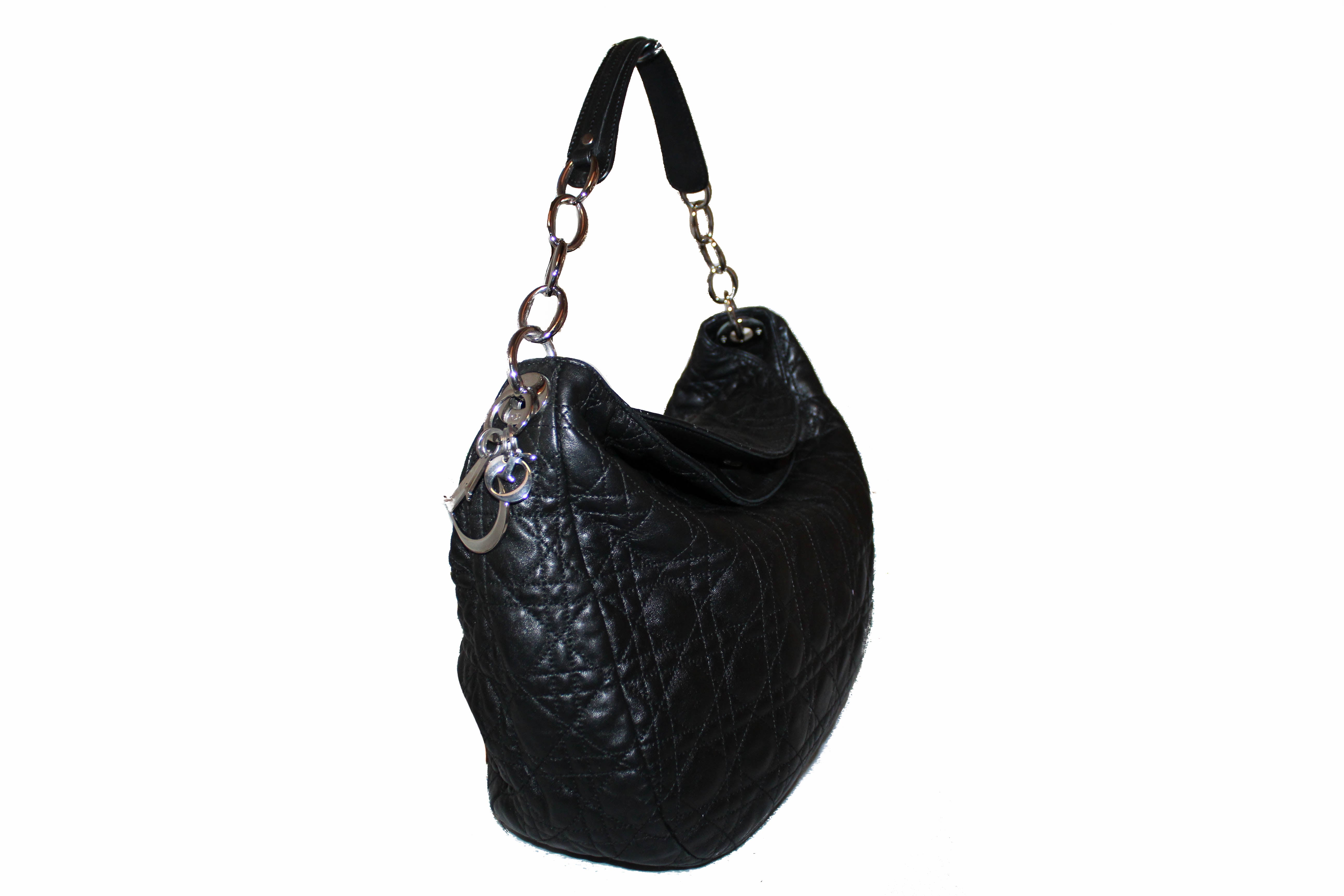 Authentic Christian Dior Black Lady Dior Cannage Quilted Lambskin Hobo Bag