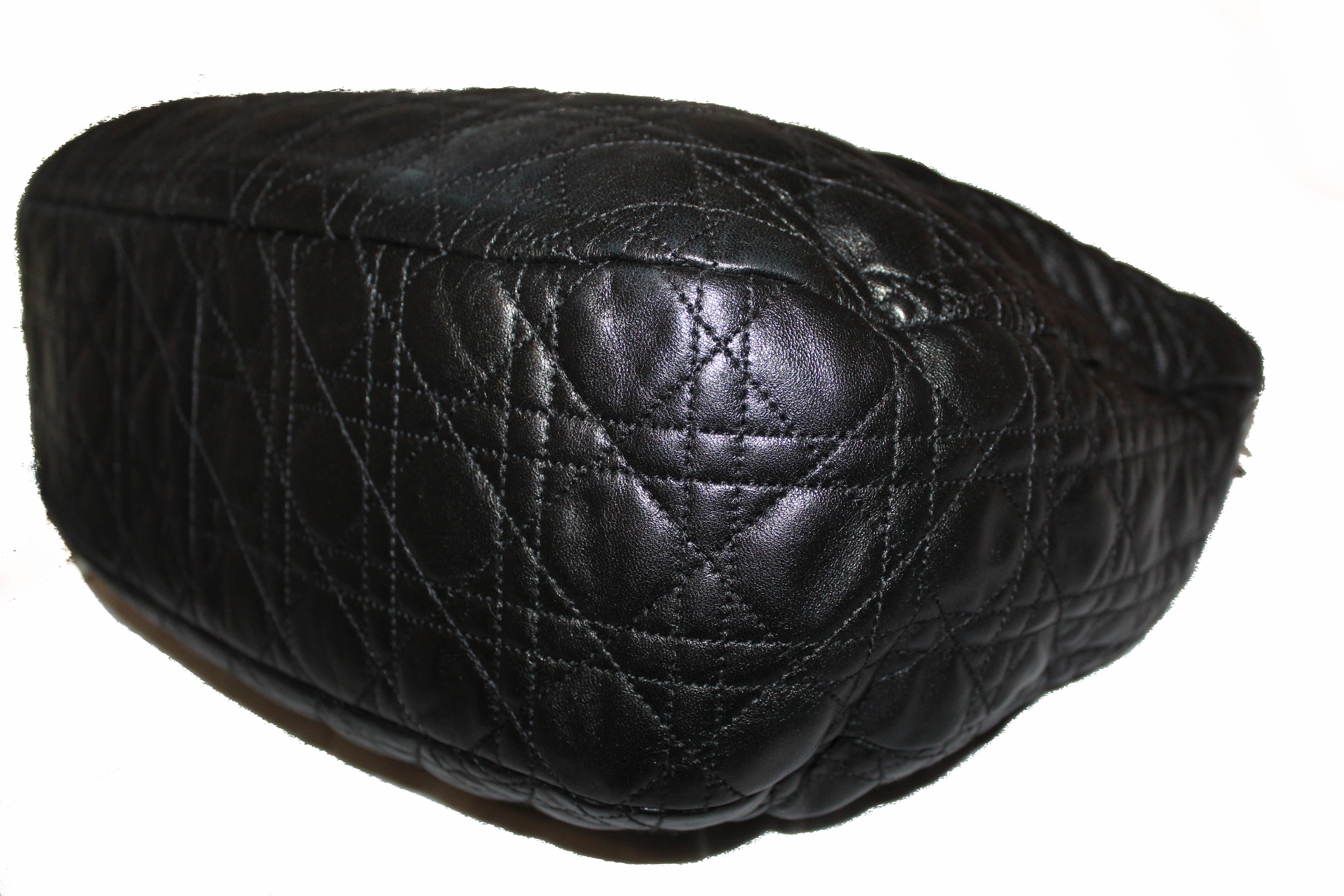 Authentic Christian Dior Black Lady Dior Cannage Quilted Lambskin Hobo Bag