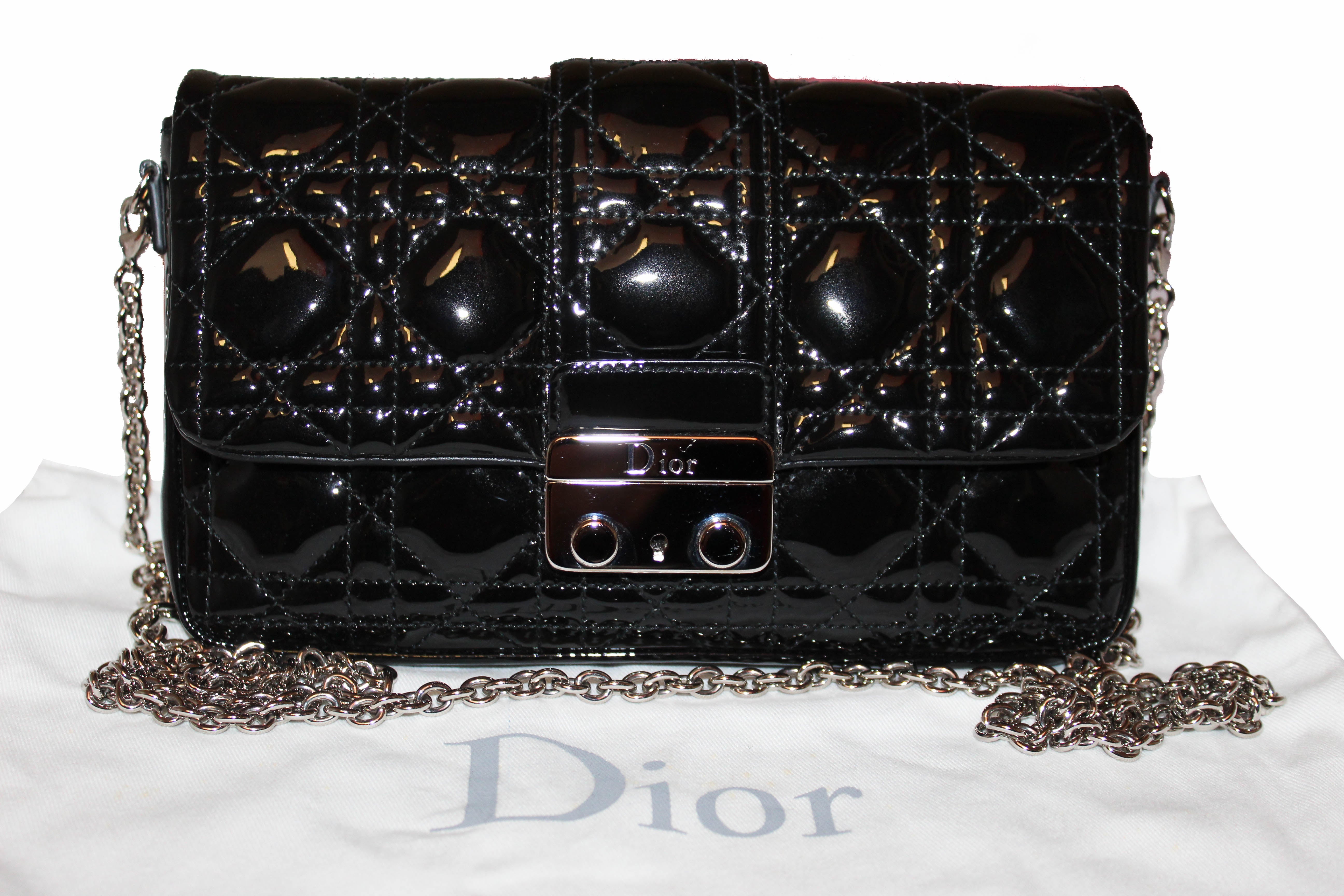 Authentic Christian Dior Black Cannage Patent Leather Miss Dior Promenade Pouch/Wallet On Chain