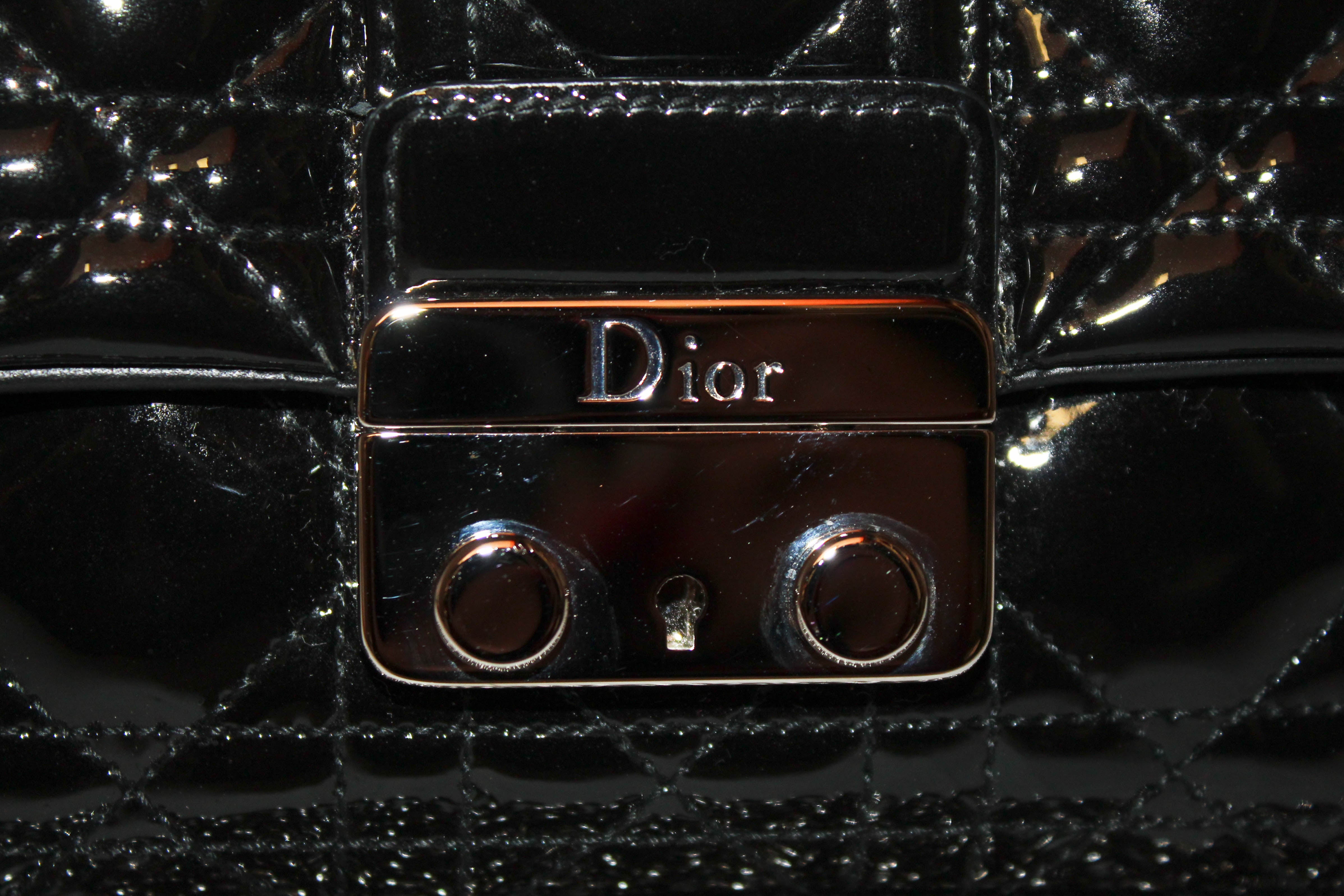 Authentic Christian Dior Black Cannage Patent Leather Miss Dior Promenade Pouch/Wallet On Chain