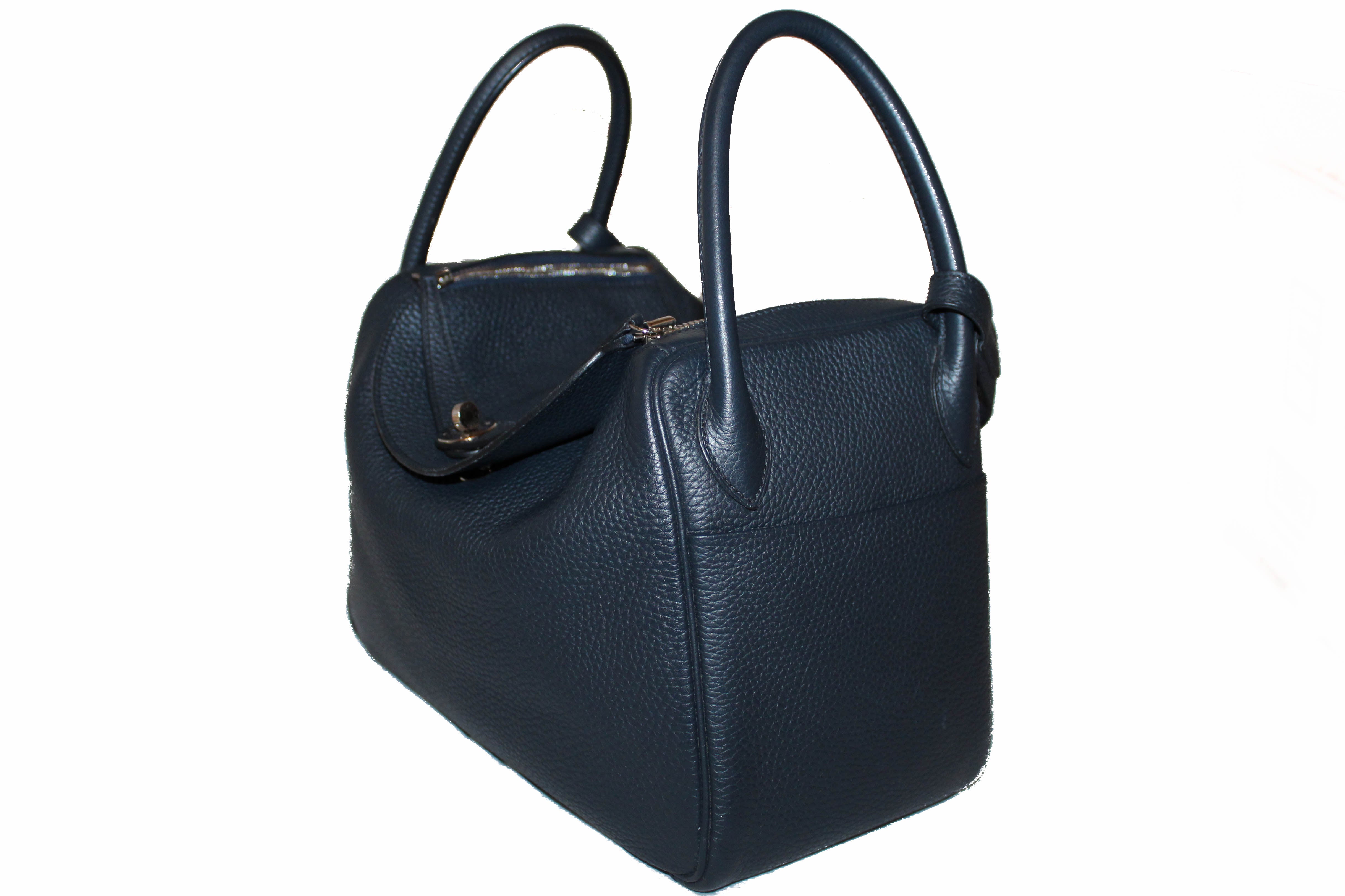 Authentic Hermes Bleu Indigo Togo Leather Lindy 30 Handbag