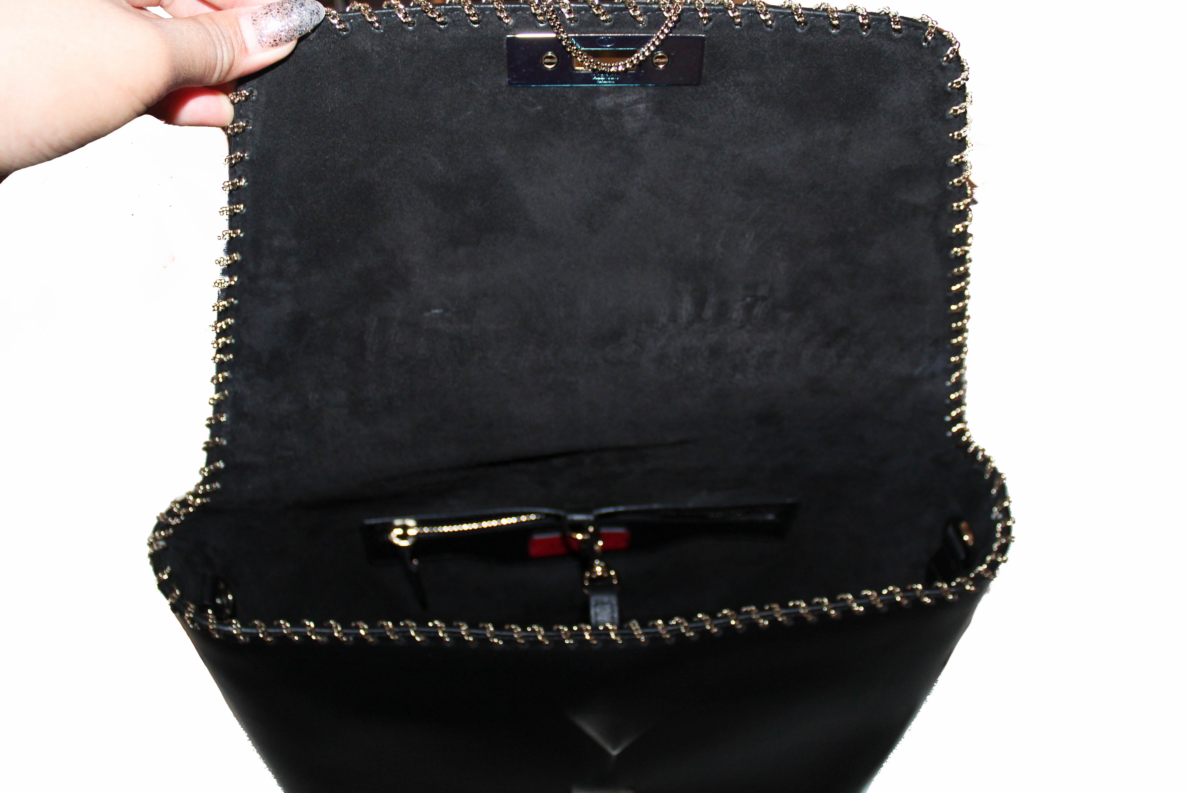 Authentic Valentino Garavani Demilune Chain-Trimmed Leather Small Double Handle Bag