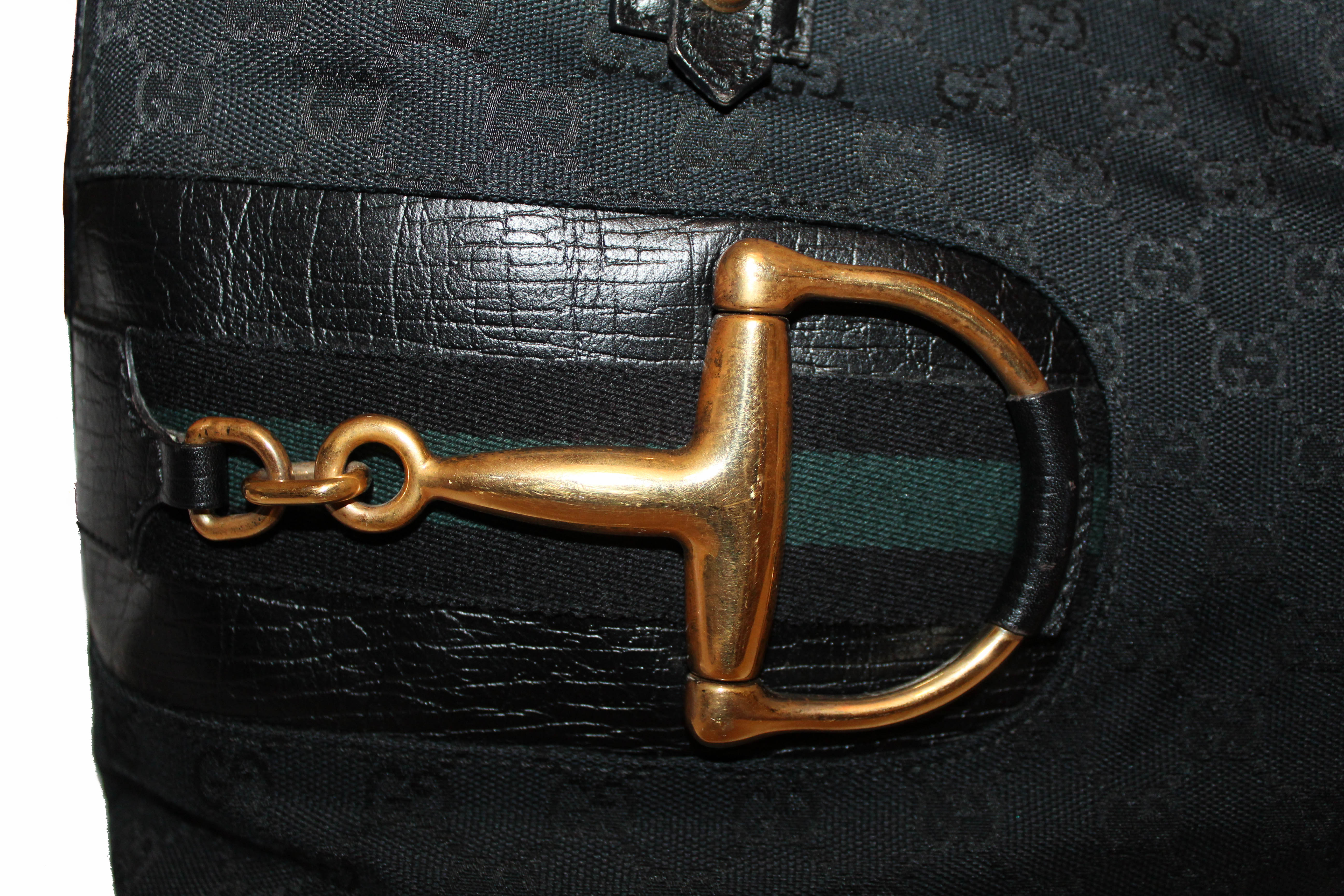Authentic Gucci Black Signature GG Fabric Canvas Horsebit Tote Bag
