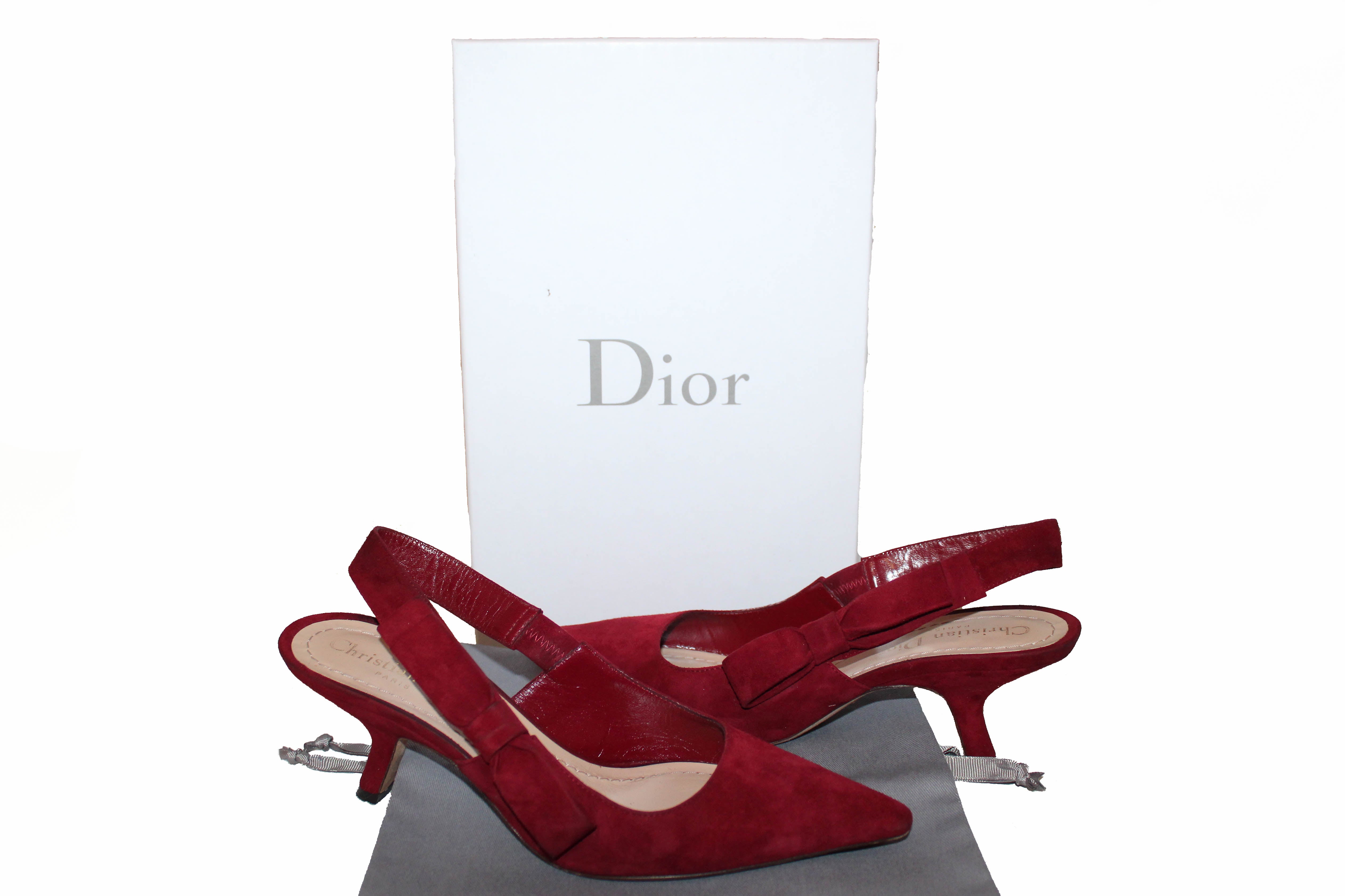 Authentic Christian Dior Scarlet Suede Leather Slingback Pumps Size 36