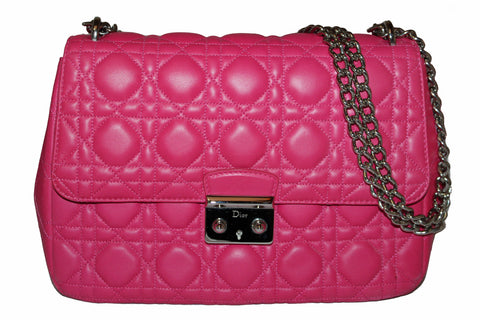 Authentic Christian Dior Fuchsia Lambskin Cannage Large Miss Dior Flap Shoulder Bag