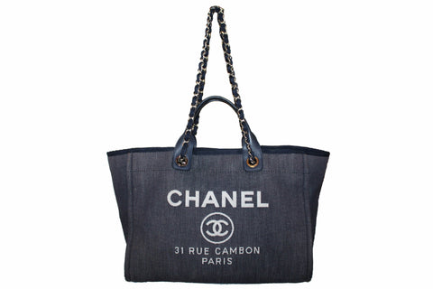 Authentic Chanel Deauville Dark Blue Denim Large Shopping Tote Bag