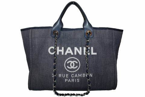 Authentic Chanel Deauville Dark Blue Denim Large Shopping Tote Bag