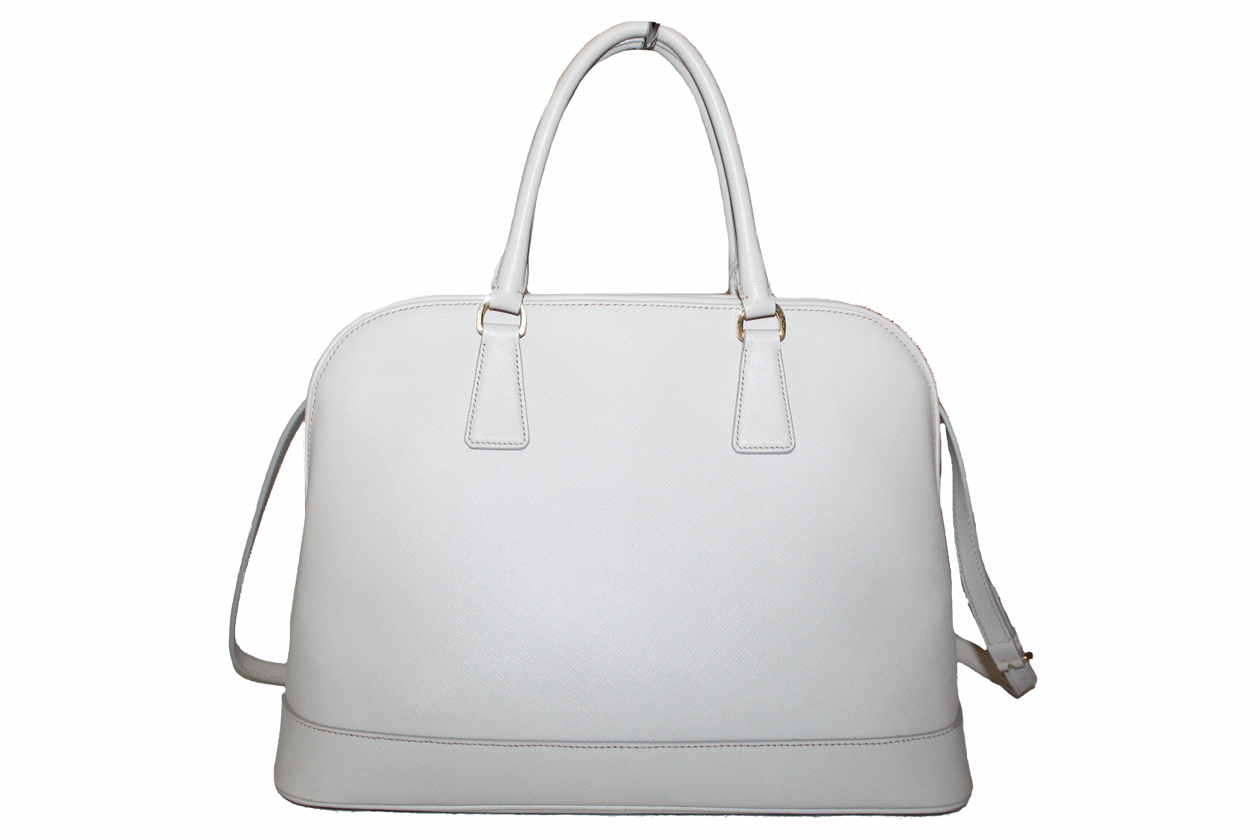 Authentic Prada White Saffiano Lux Leather Double Handle Large Tote Bag