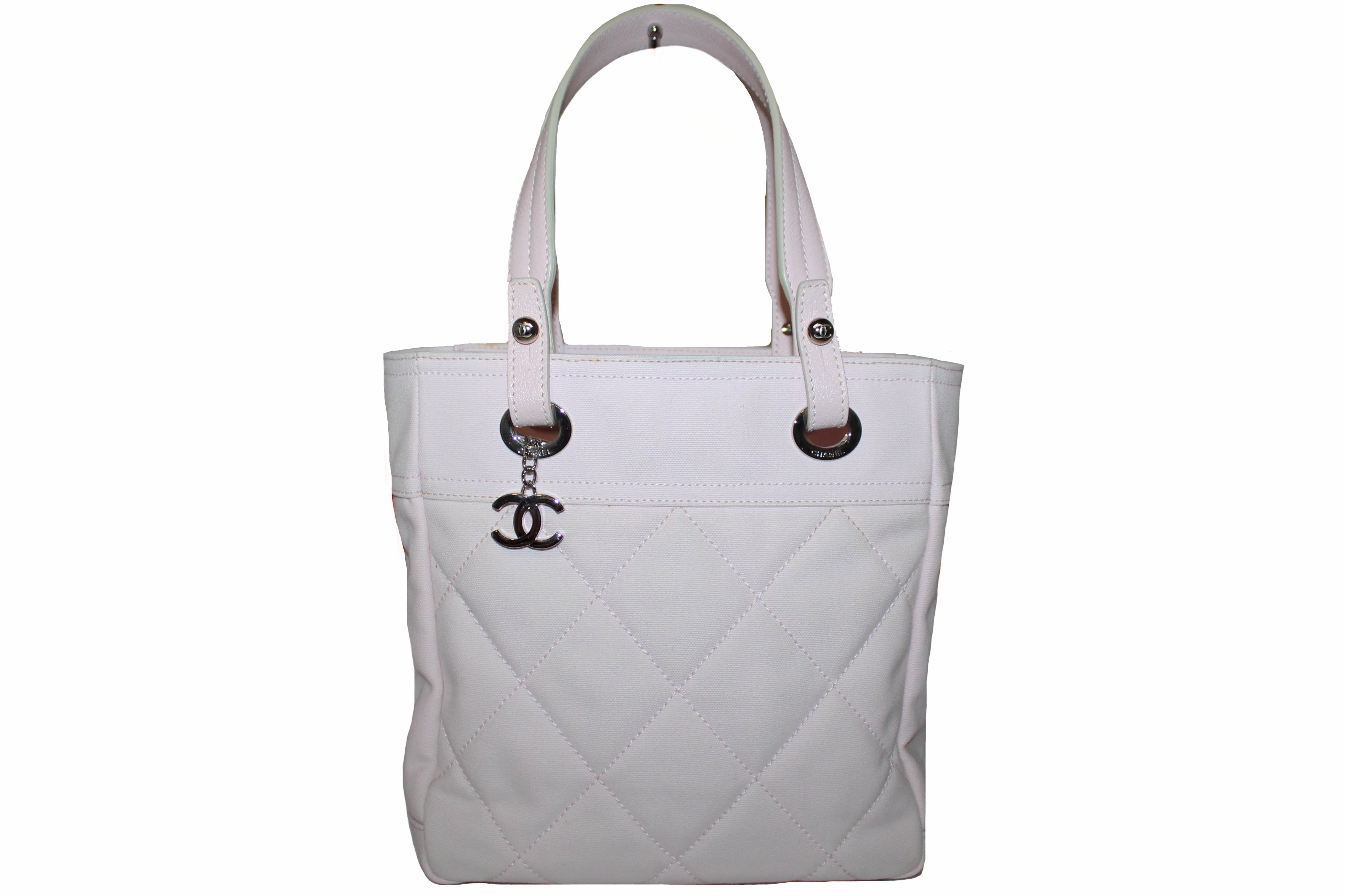 CHANEL Sport CC Logo Shoulder Tote Bag Canvas Leather Pink White