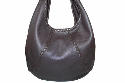 Authentic Bottega Veneta Dark Brown Cervo Leather Baseball Hobo Bag