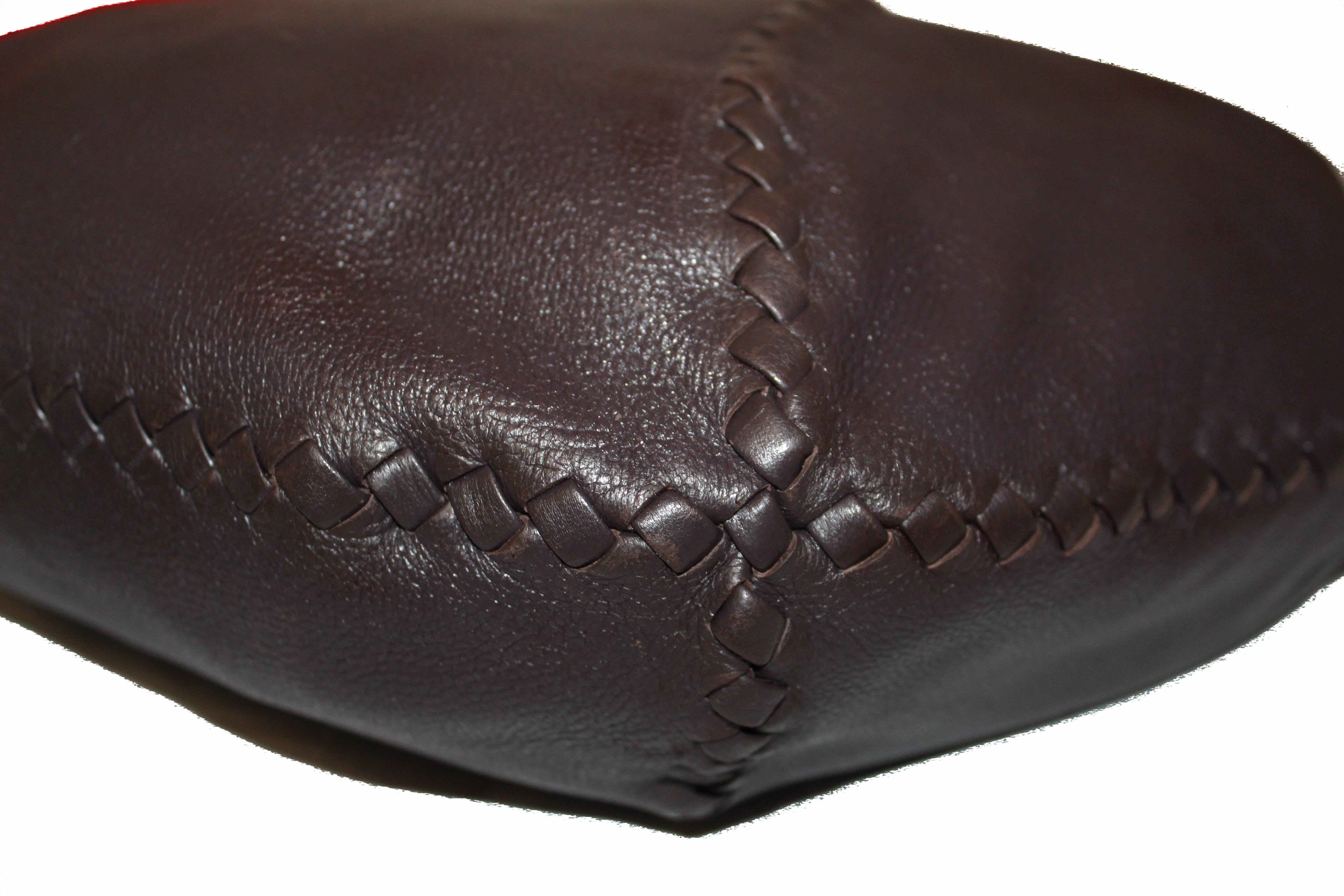 Authentic Bottega Veneta Dark Brown Cervo Leather Baseball Hobo Bag