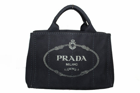 Authentic Prada Black Small Canapa Fabric Printed Tote Handbag