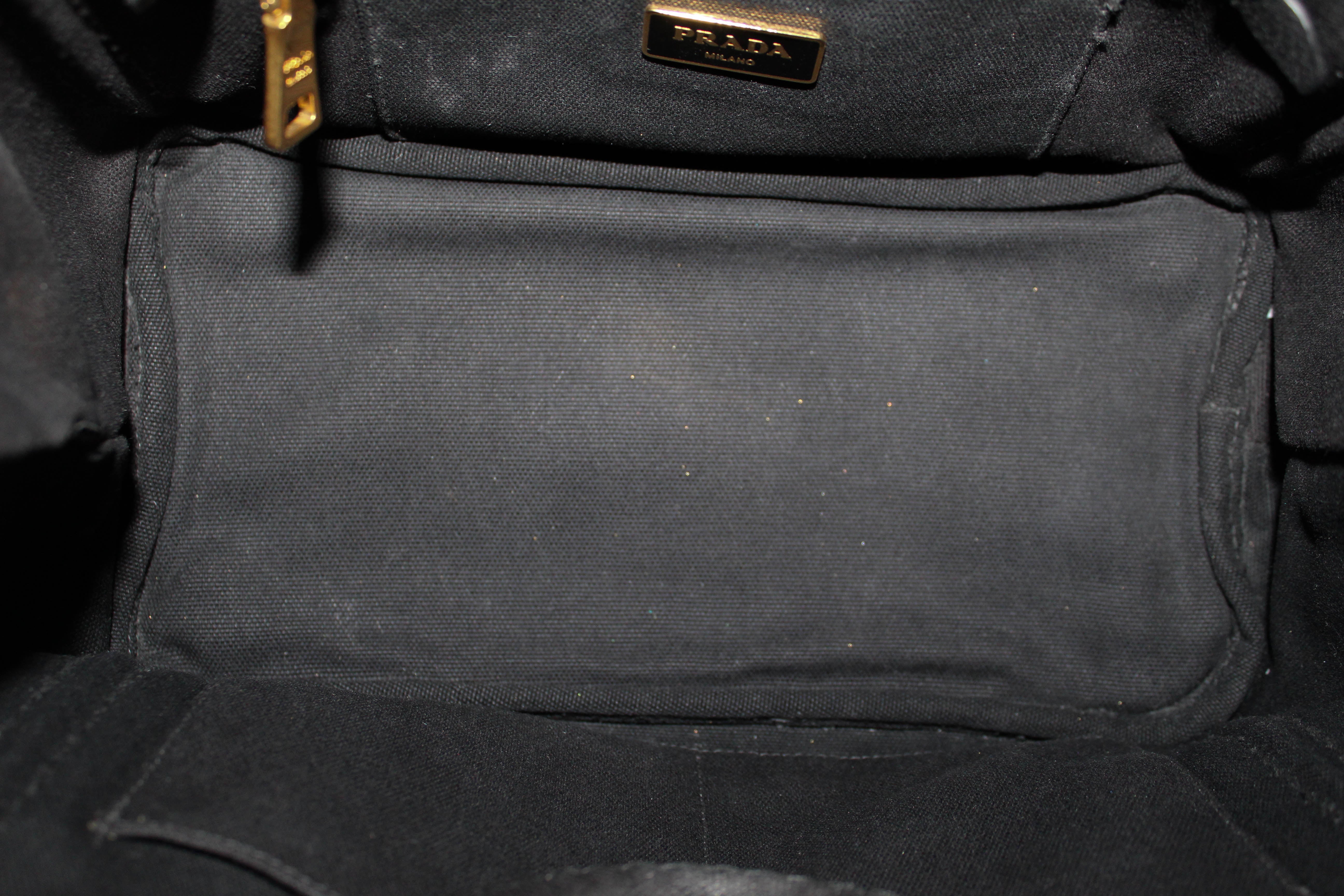 Authentic Prada Black Small Canapa Fabric Printed Tote Handbag
