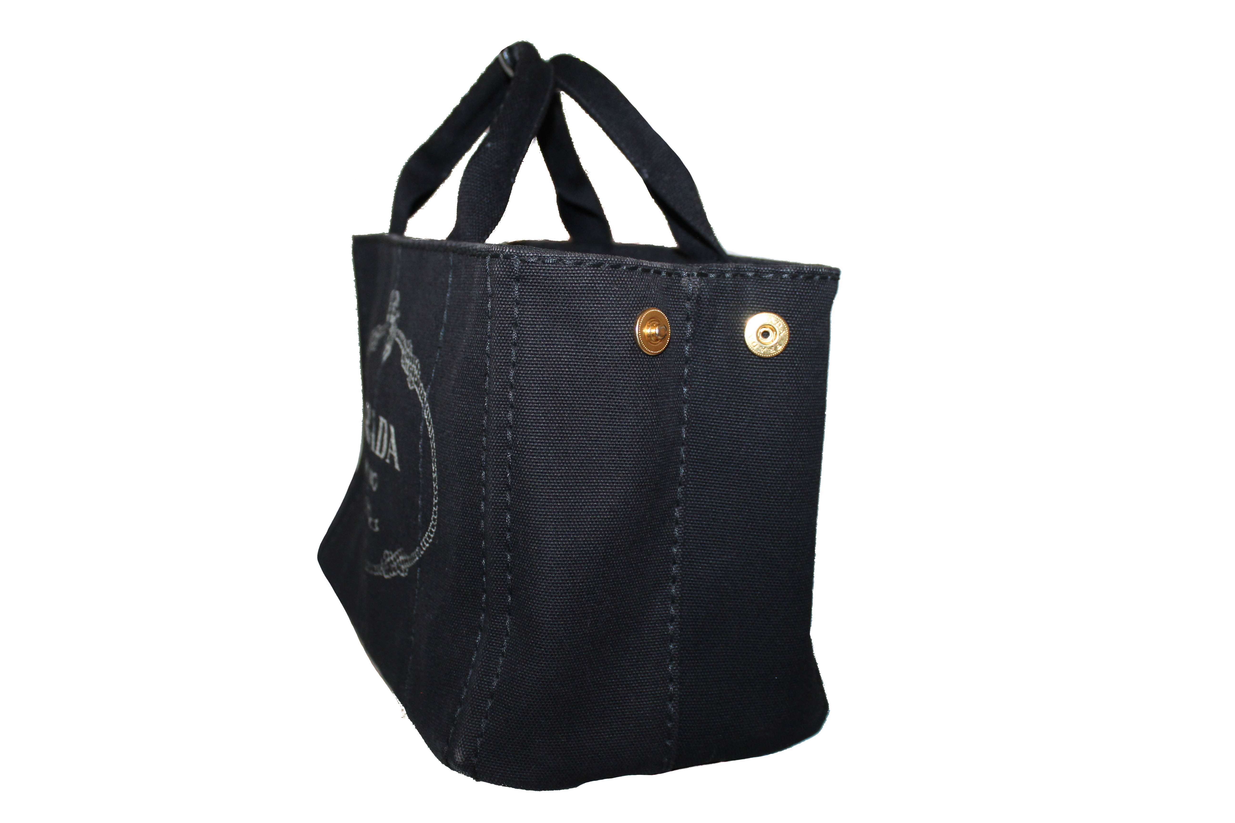 Authentic Prada Black Small Canapa Fabric Printed Tote Handbag