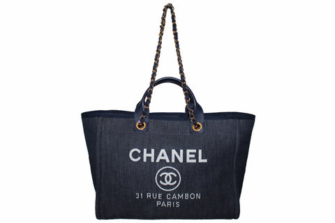 Authentic Chanel Deauville Dark Blue Denim Large Shopping Tote Bag