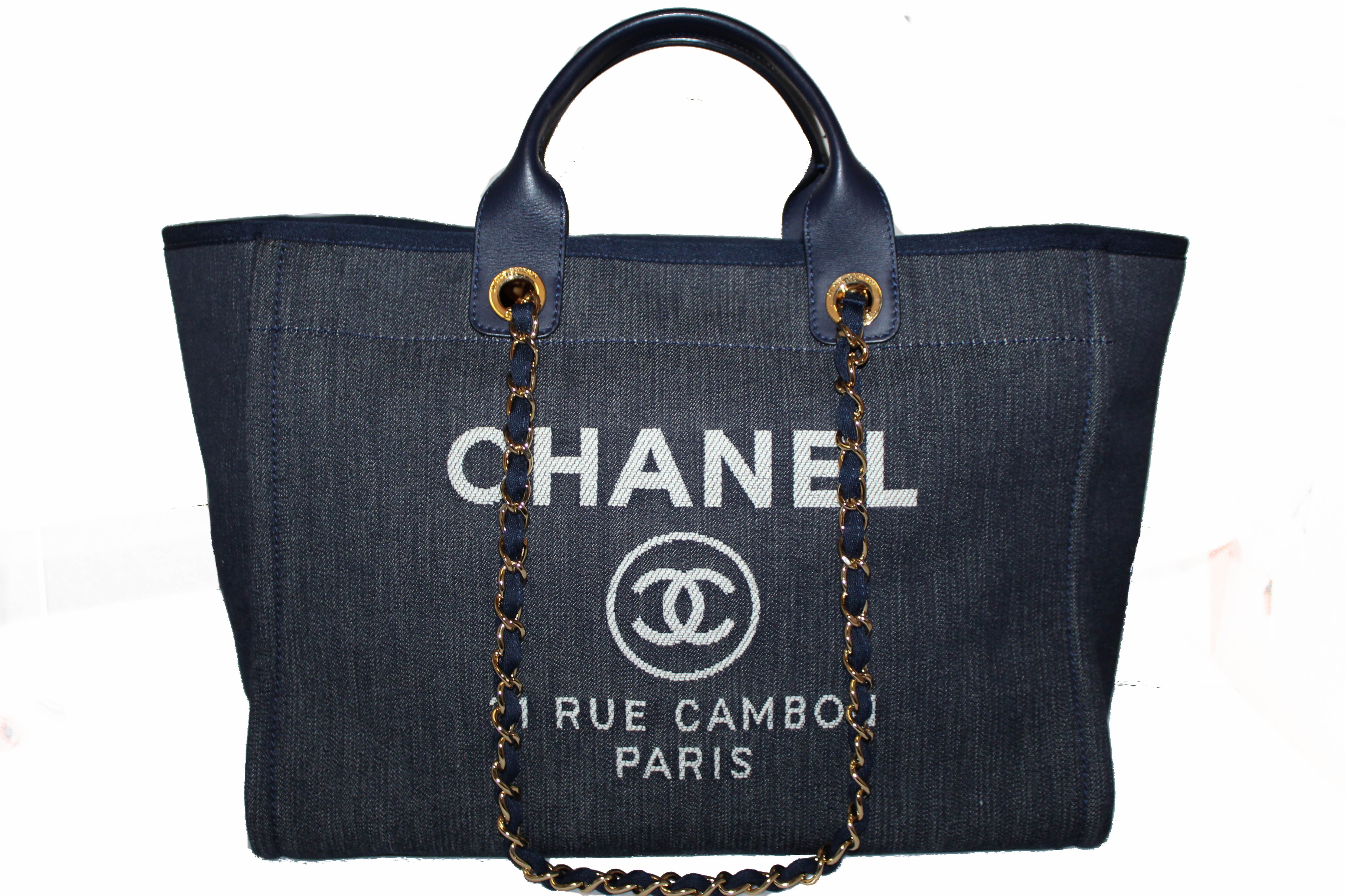 CHANEL Deauville Medium Denim Leather Tote Bag Dark Blue