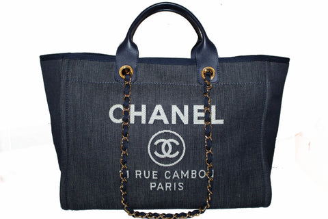 Authentic Chanel Deauville Dark Blue Denim Large Shopping Tote Bag