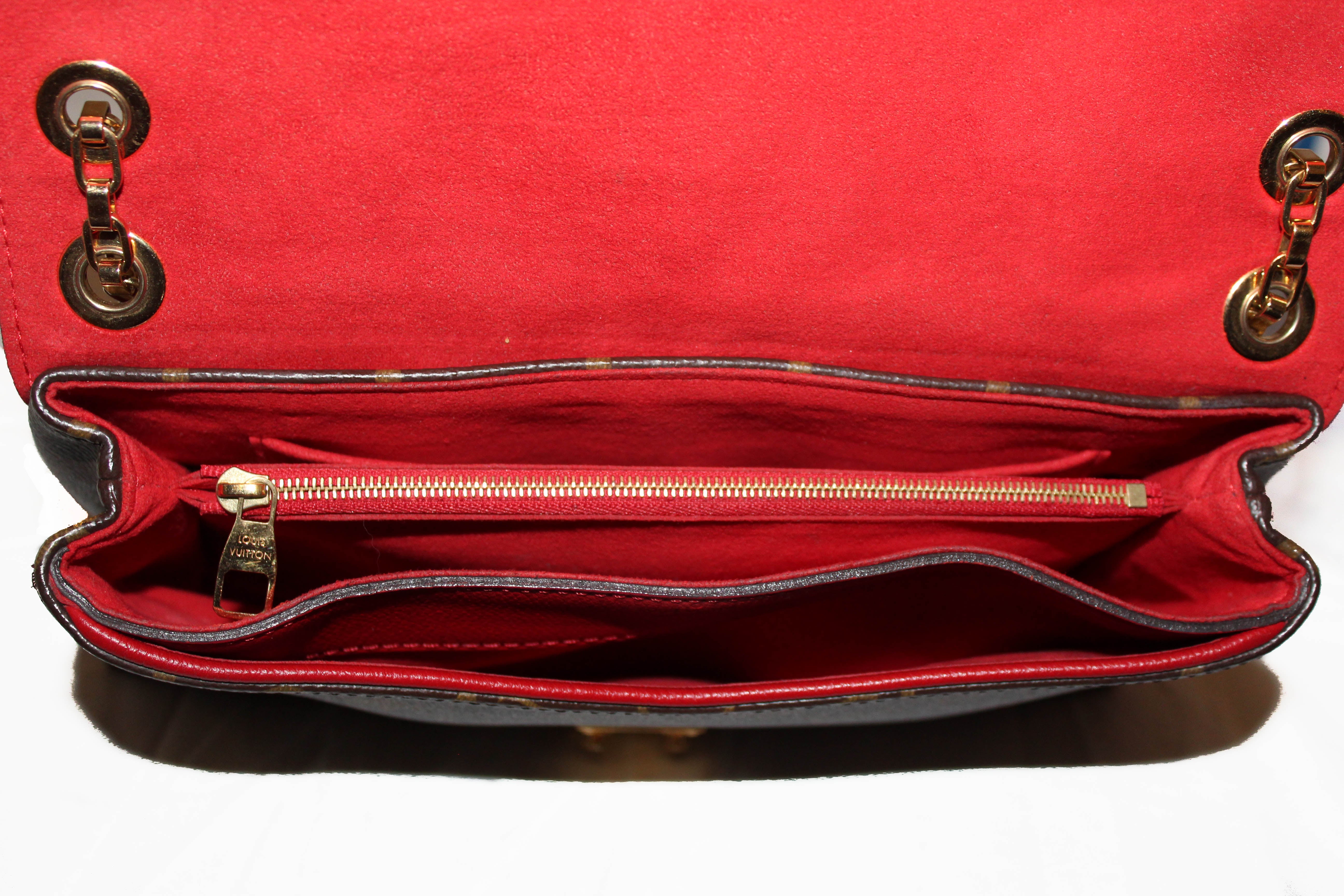 Louis Vuitton Pallas Chain Bag ⁣ ⁣ Condition: 9.7/10⁣ Color: red /  monogram⁣ Hardware: gold ⁣ Size: 10.5 L x 2 W x 6.5 H⁣ Includes:…