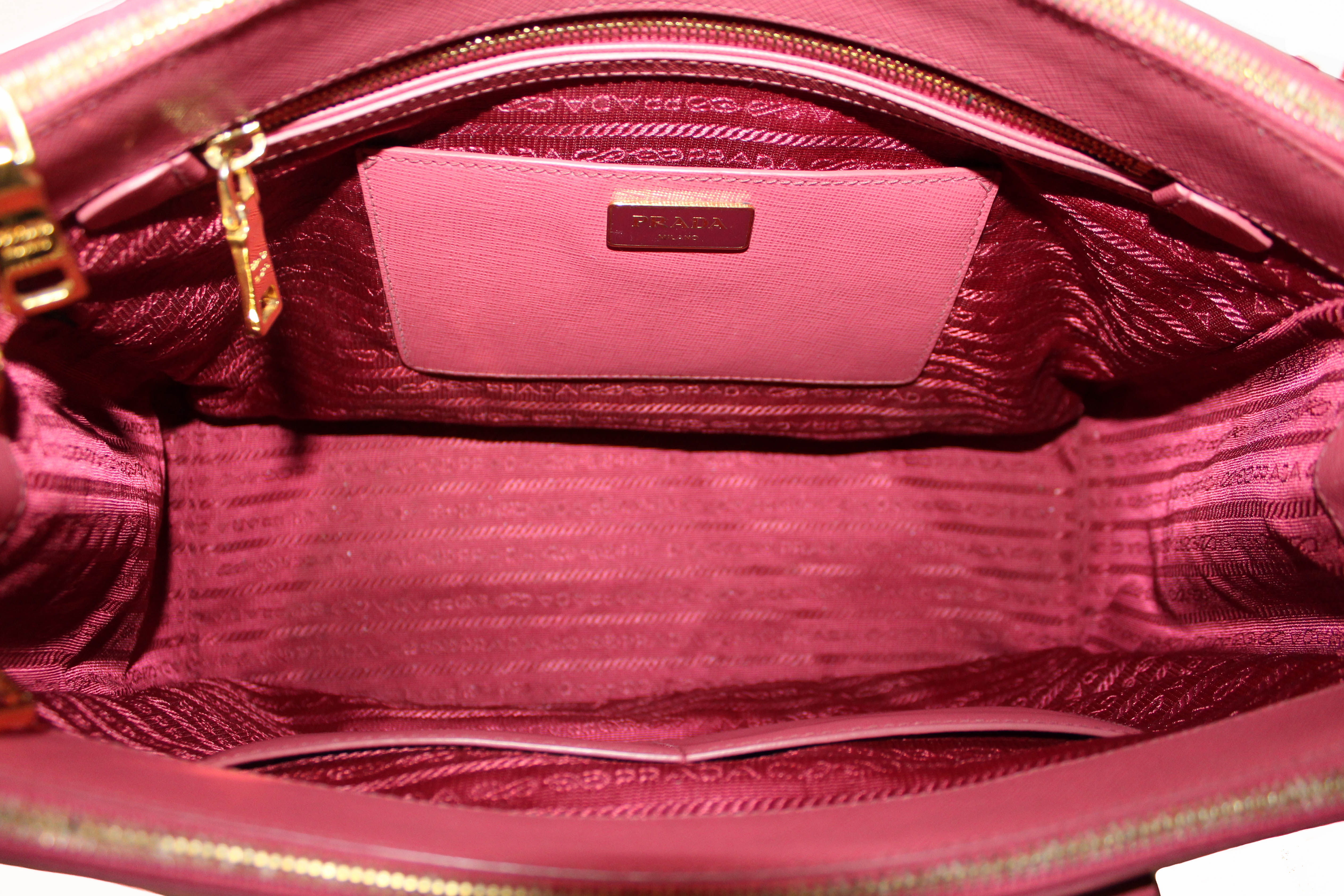 Authentic Prada Pink Saffiano Lux Leather Medium Double Zip Tote Bag