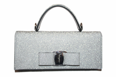 Authentic New Salvatore Ferragamo Metallic Silver Glitter Mini Vara Bow Top Handle Clutch