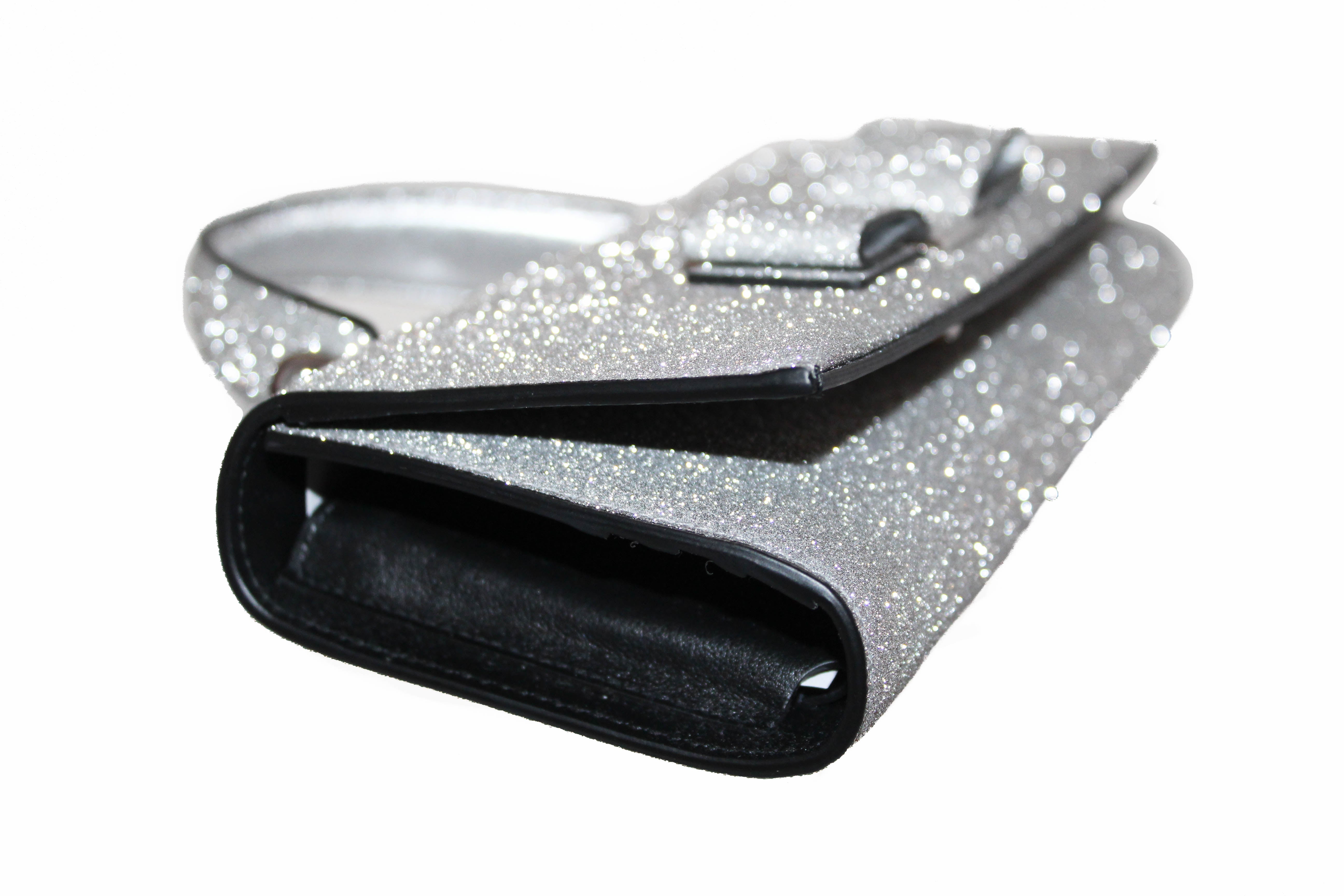 Authentic New Salvatore Ferragamo Metallic Silver Glitter Mini Vara Bow Top Handle Clutch
