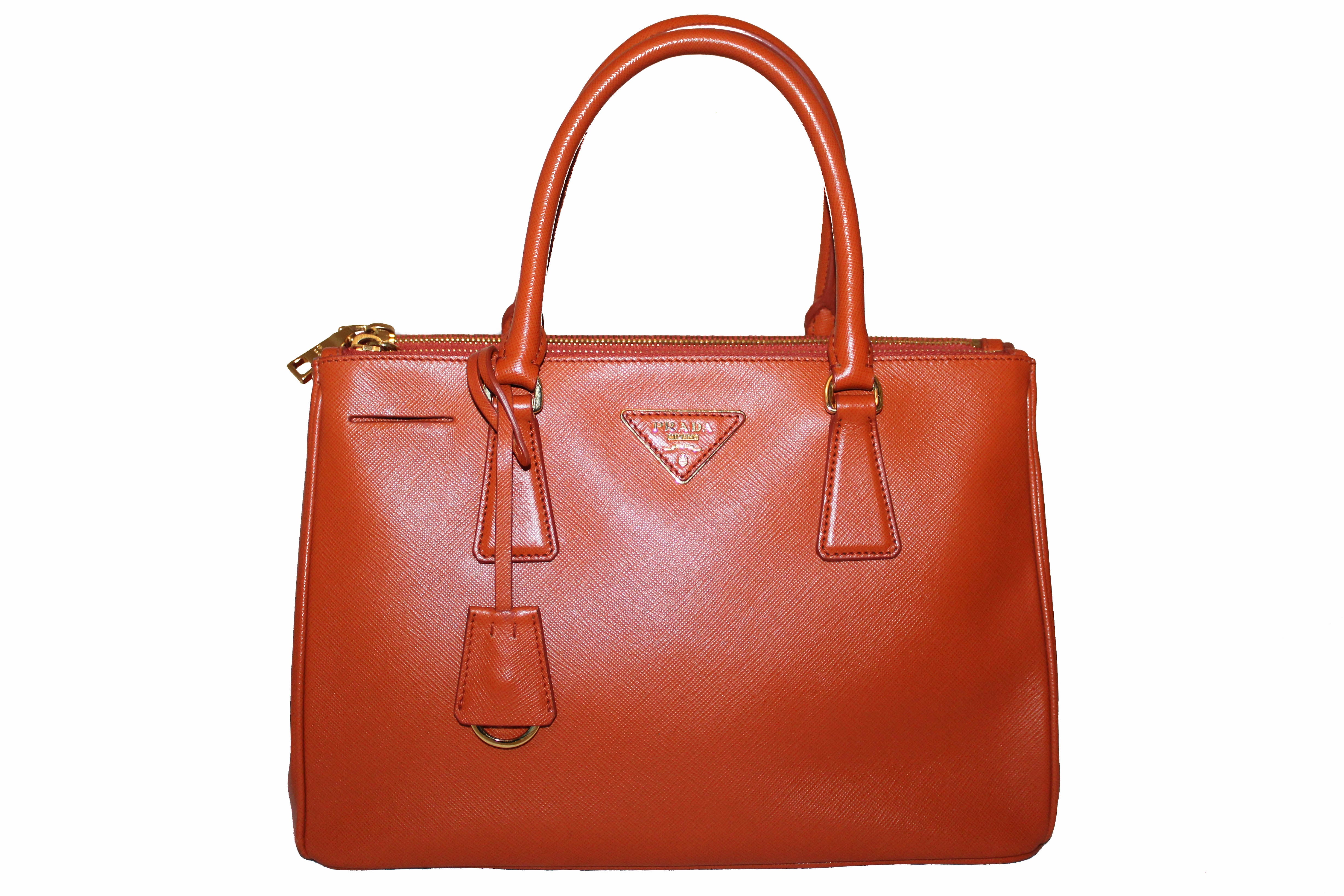 Authentic Prada Orange Saffiano Lux Leather Small Double Zip Tote Bag