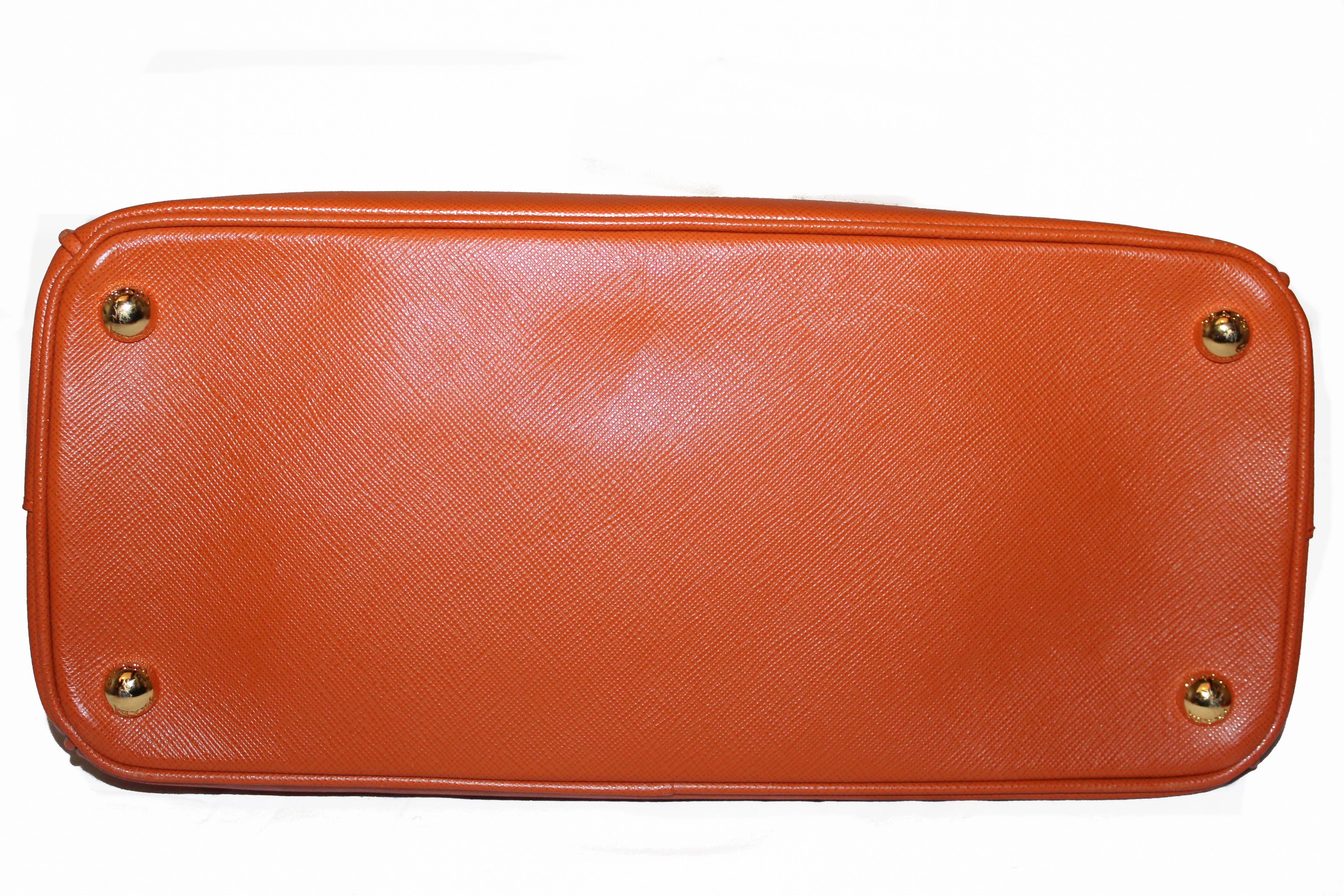 Authentic Prada Orange Saffiano Lux Leather Small Double Zip Tote Bag
