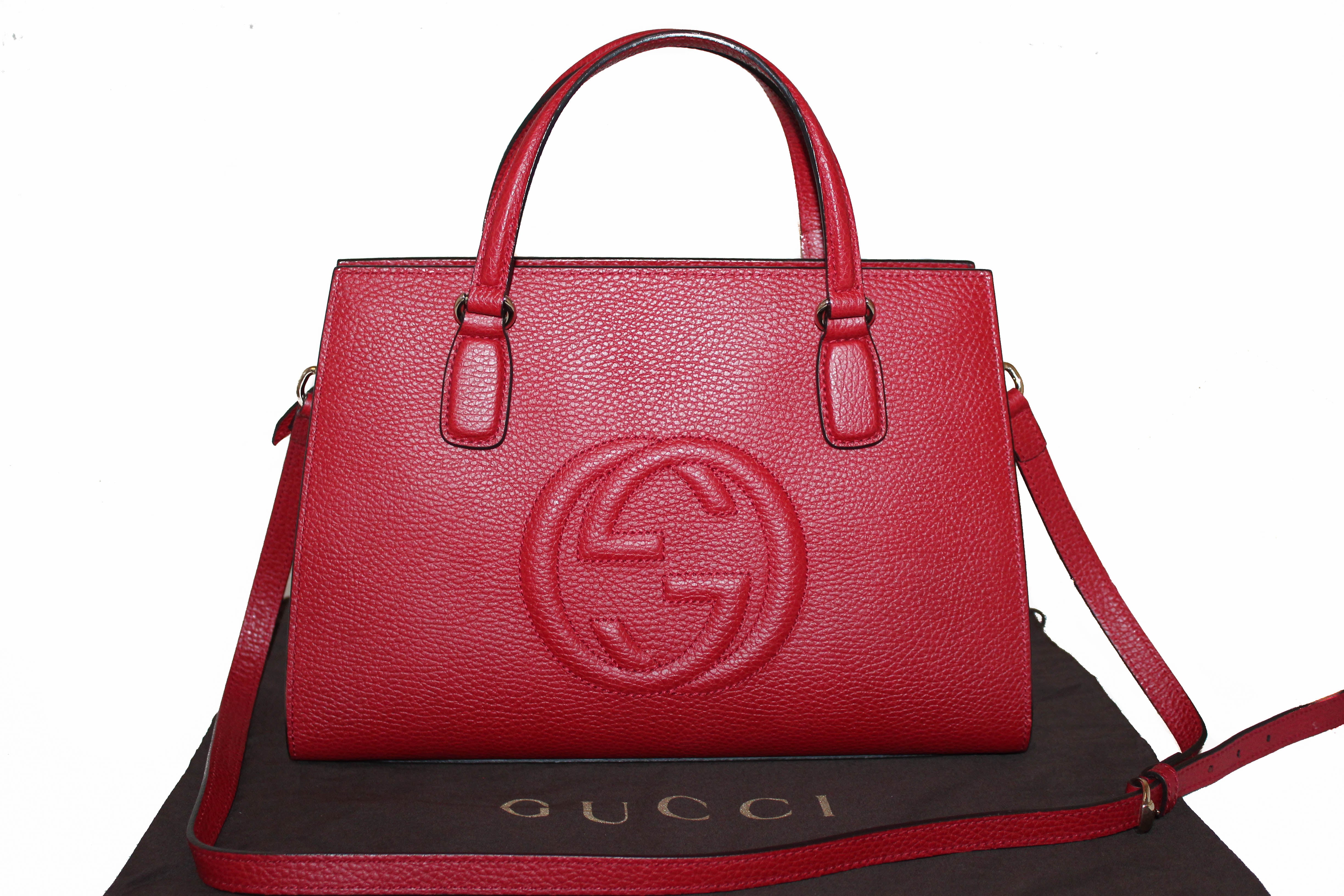 Authentic Gucci Red Soho Pebbled Leather Tote Hand Bag/Cross Body Bag