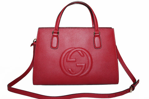 Authentic Gucci Red Soho Pebbled Leather Tote Hand Bag/Cross Body Bag