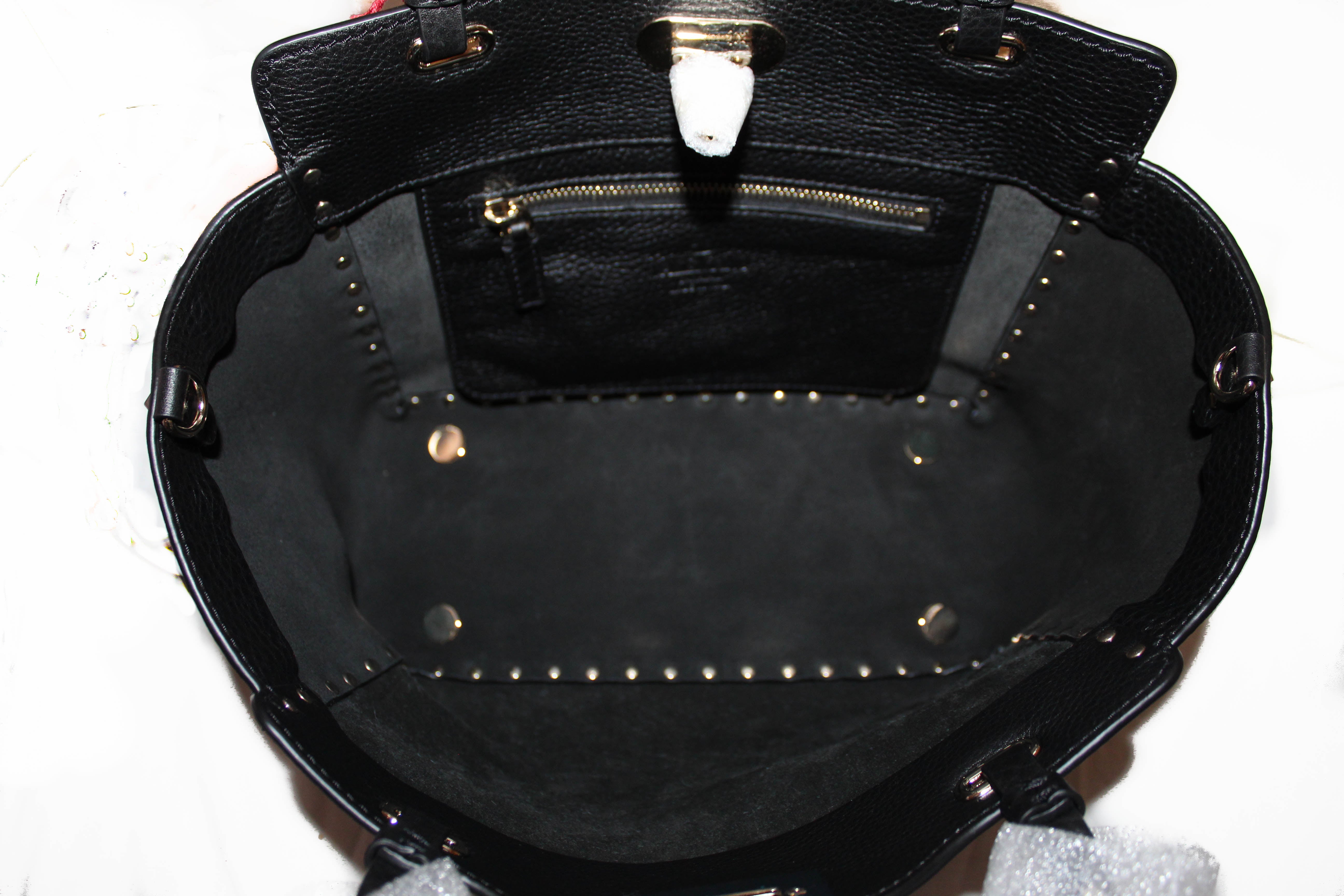 Authentic New Valentino Black Small Rockstud Calfskin Leather Tote Shoulder Bag