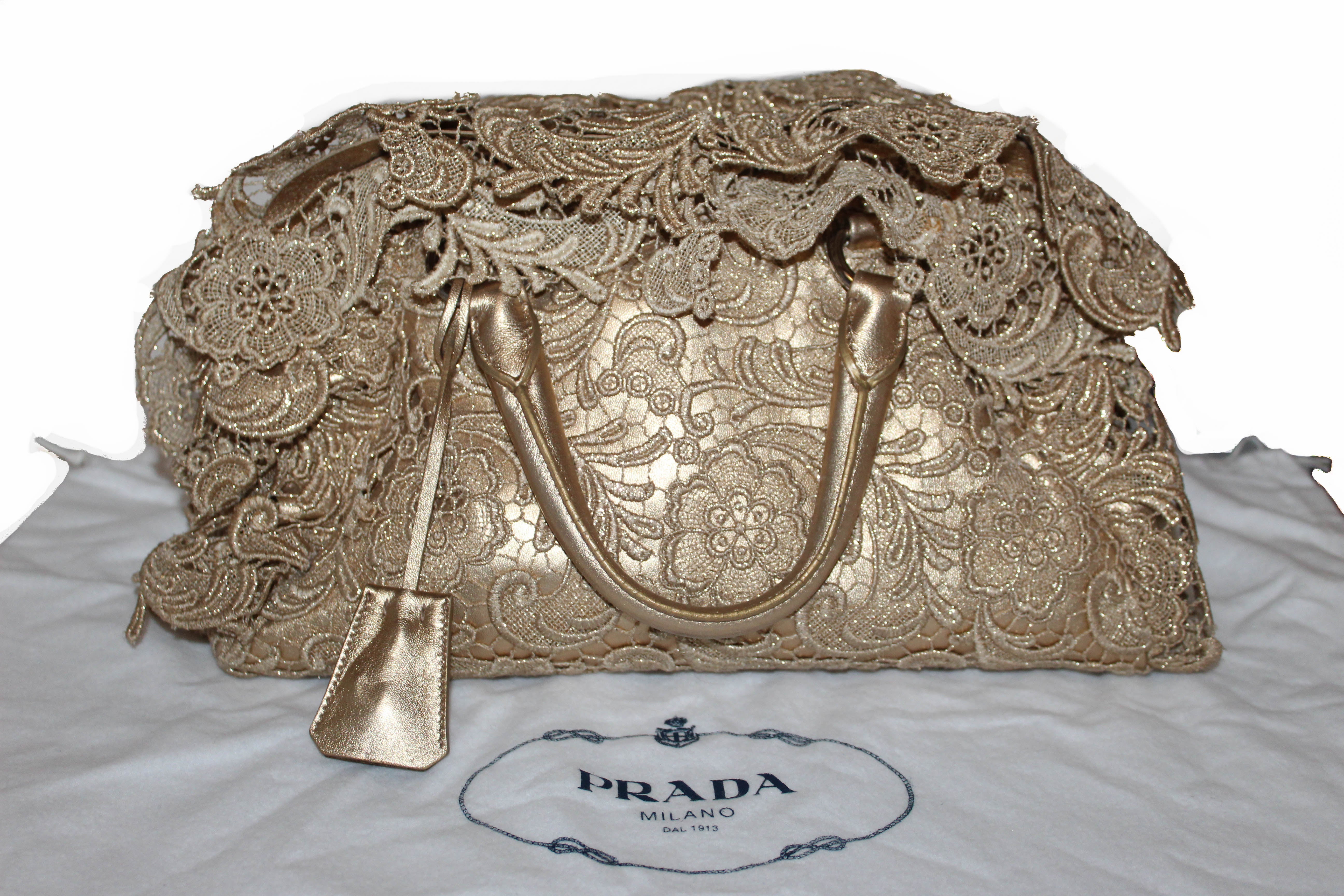 Authentic Prada Champagne Gold Oro Lace Pizzo Bowler Bag