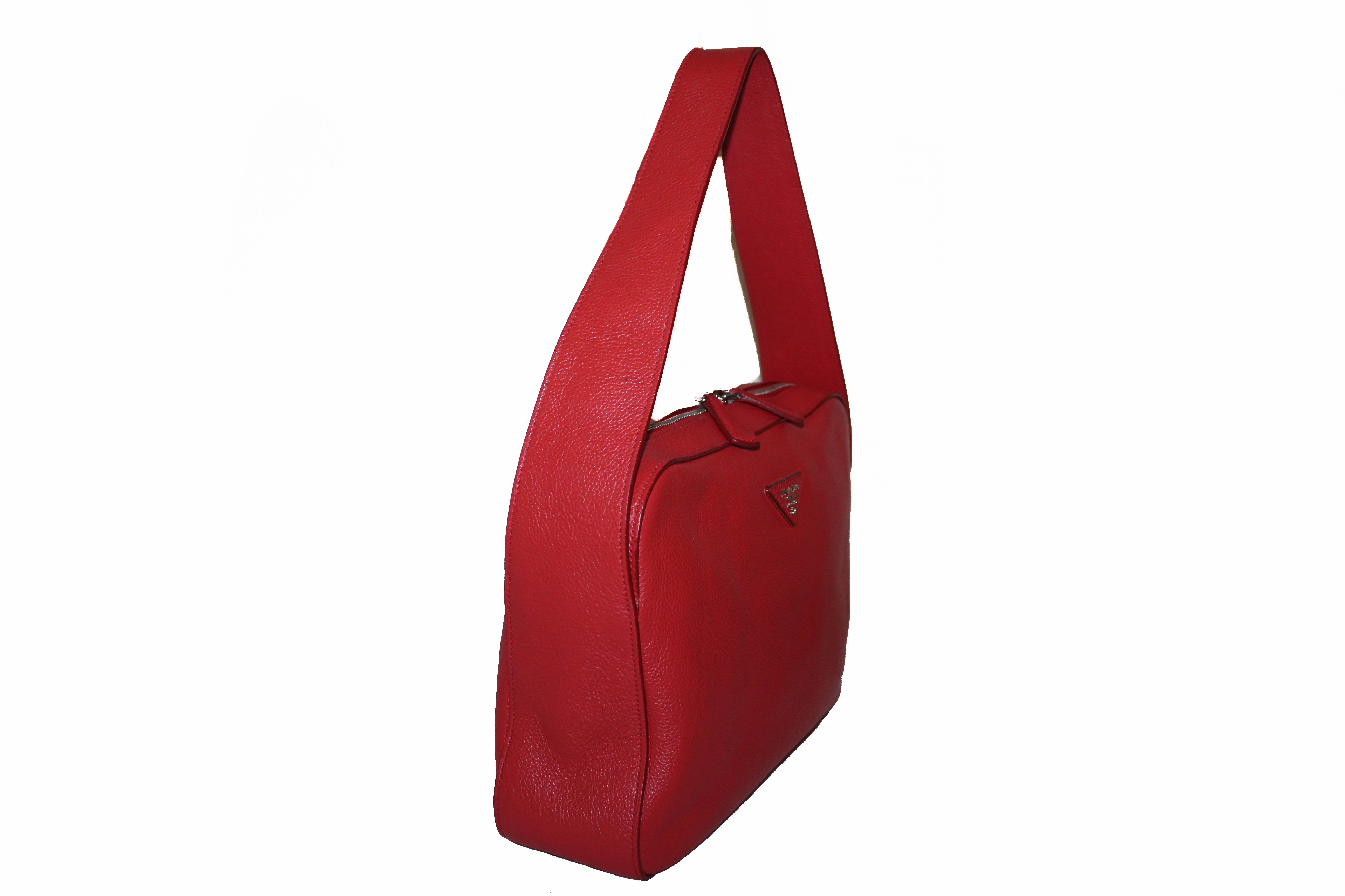 Authnetic Prada Orange Red Pebbled Leather Shoulder Bag
