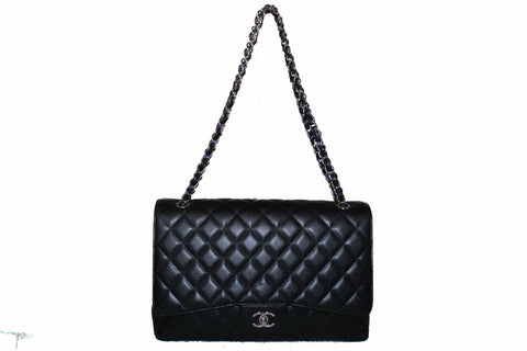 Authentic Chanel Classic Black Single Flap Caviar Leather Maxi Chain Shoulder Bag