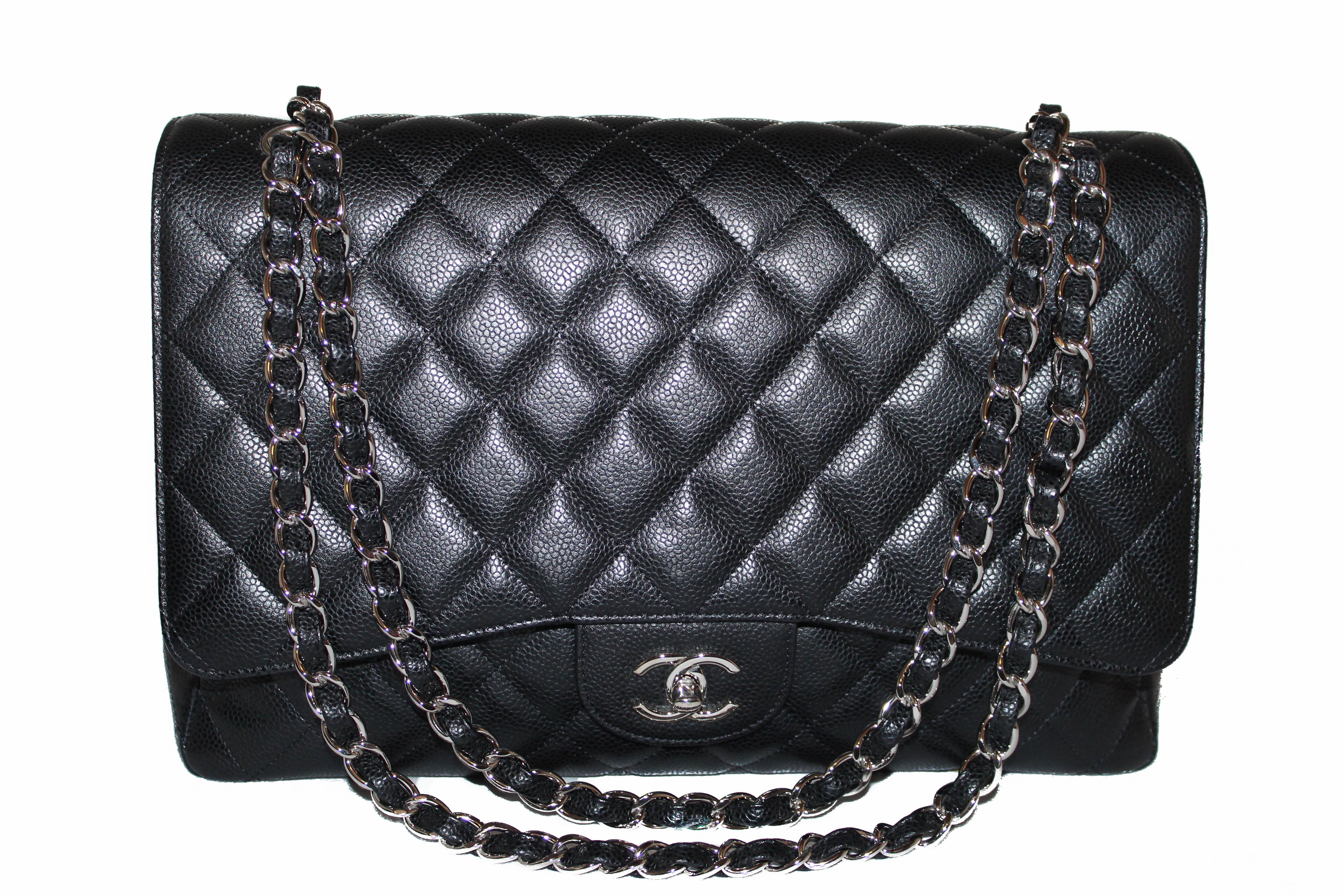 Authentic Chanel Classic Black Single Flap Caviar Leather Maxi
