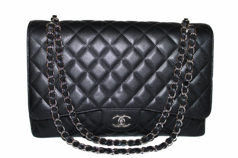 Authentic Chanel Classic Black Single Flap Caviar Leather Maxi Chain Shoulder Bag