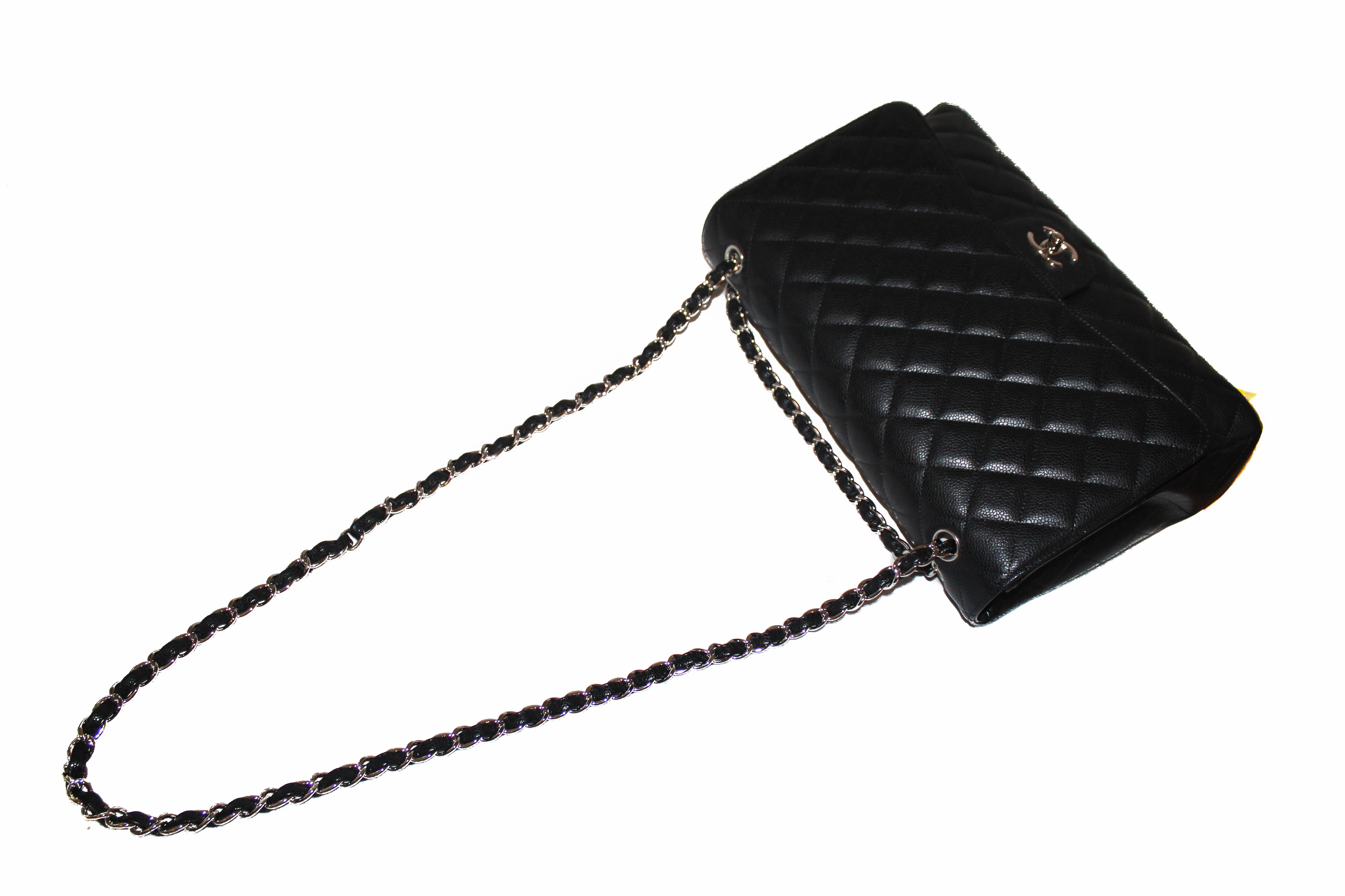 Authentic Chanel Classic Black Single Flap Caviar Leather Maxi Chain Shoulder Bag