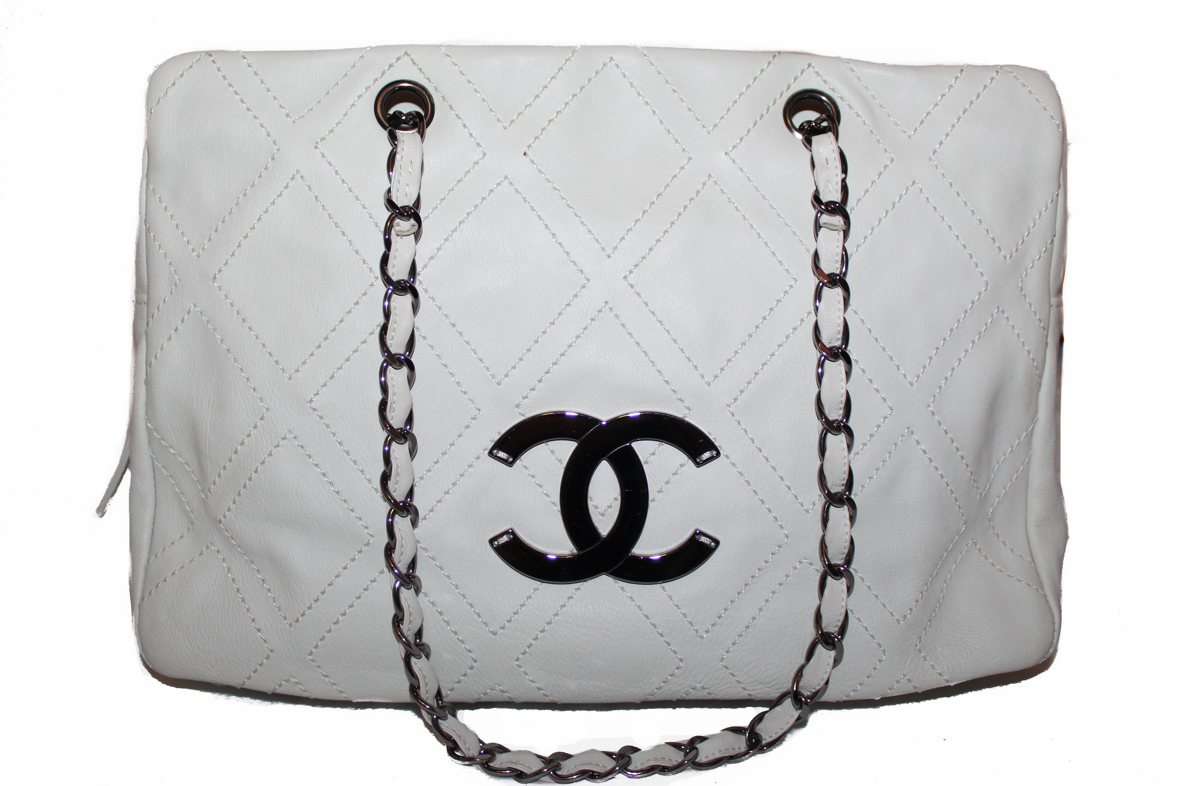 Authentic Chanel Off White Lambskin Leather Diamond Stitch Tote Bag